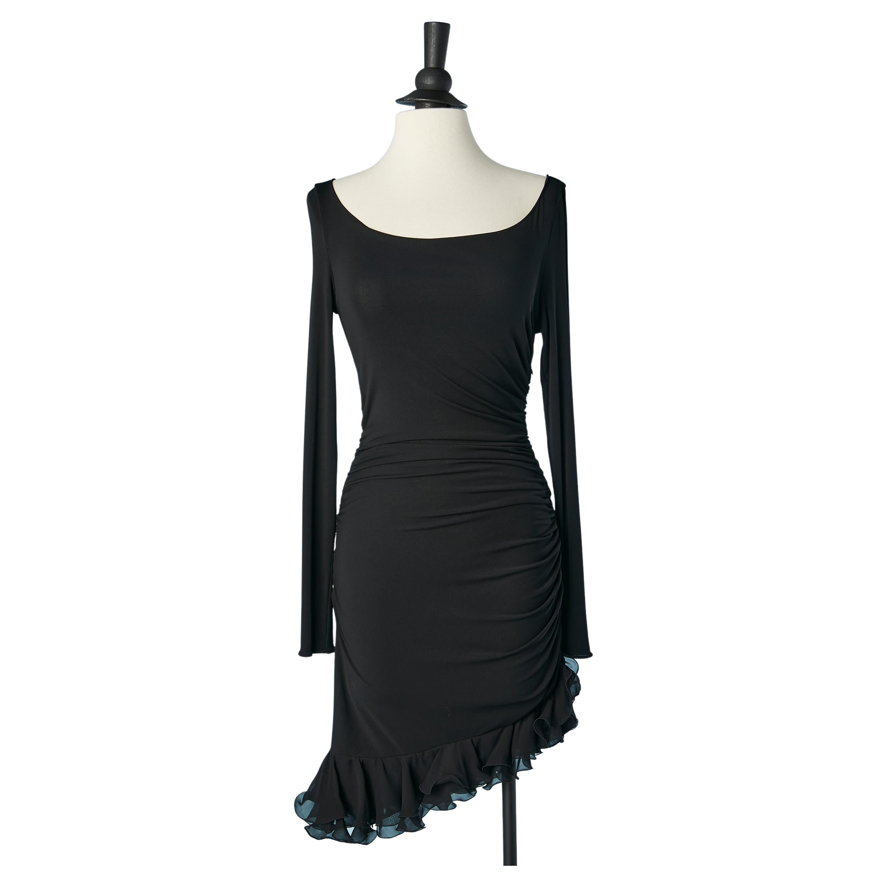 Black drape jersey cocktail dress with silk chiffon ruffles Emanuel Ungaro 