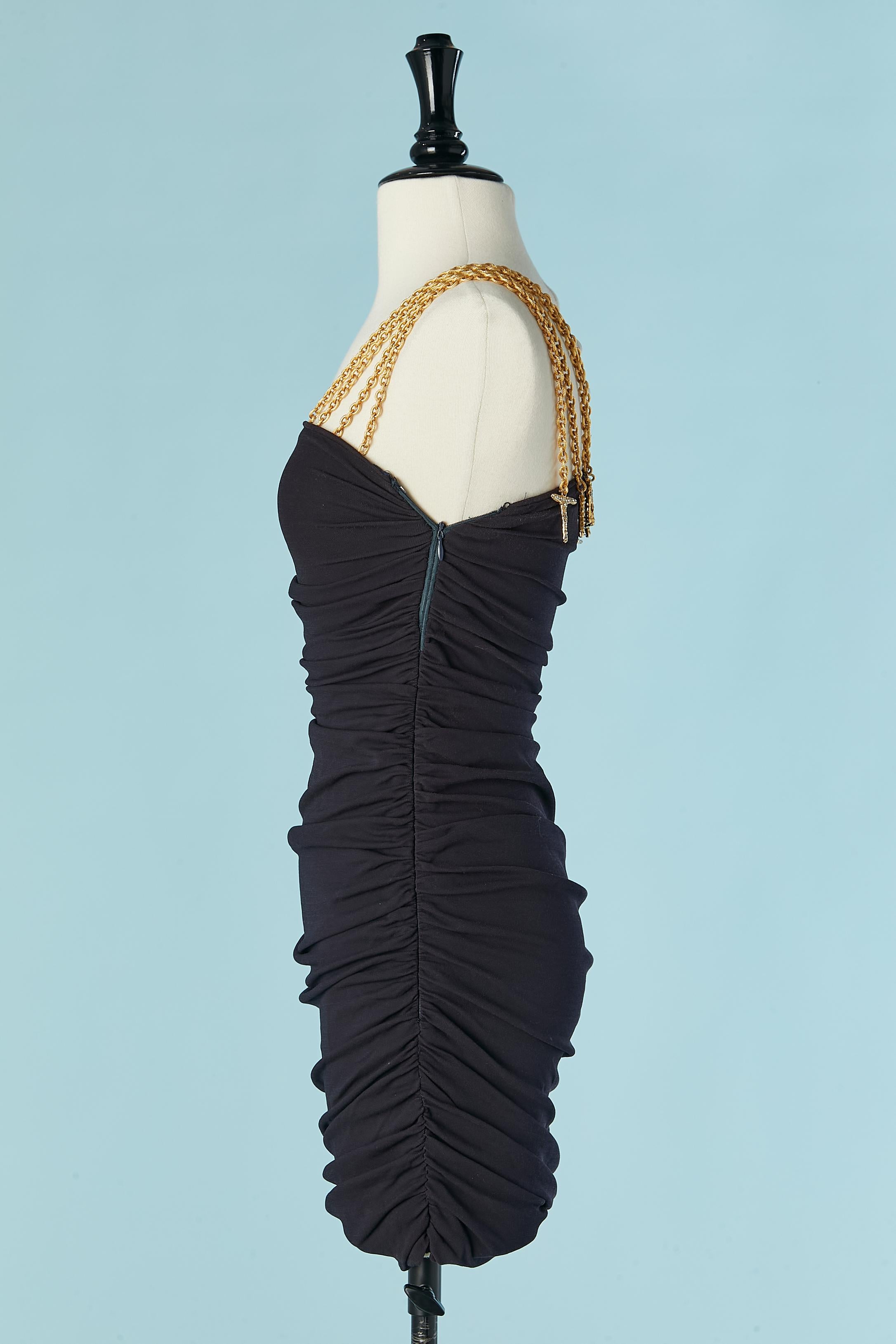 Robe de cocktail drapée noire avec strass en chaîne dorée ANGELO TARLAZZI Excellent état - En vente à Saint-Ouen-Sur-Seine, FR
