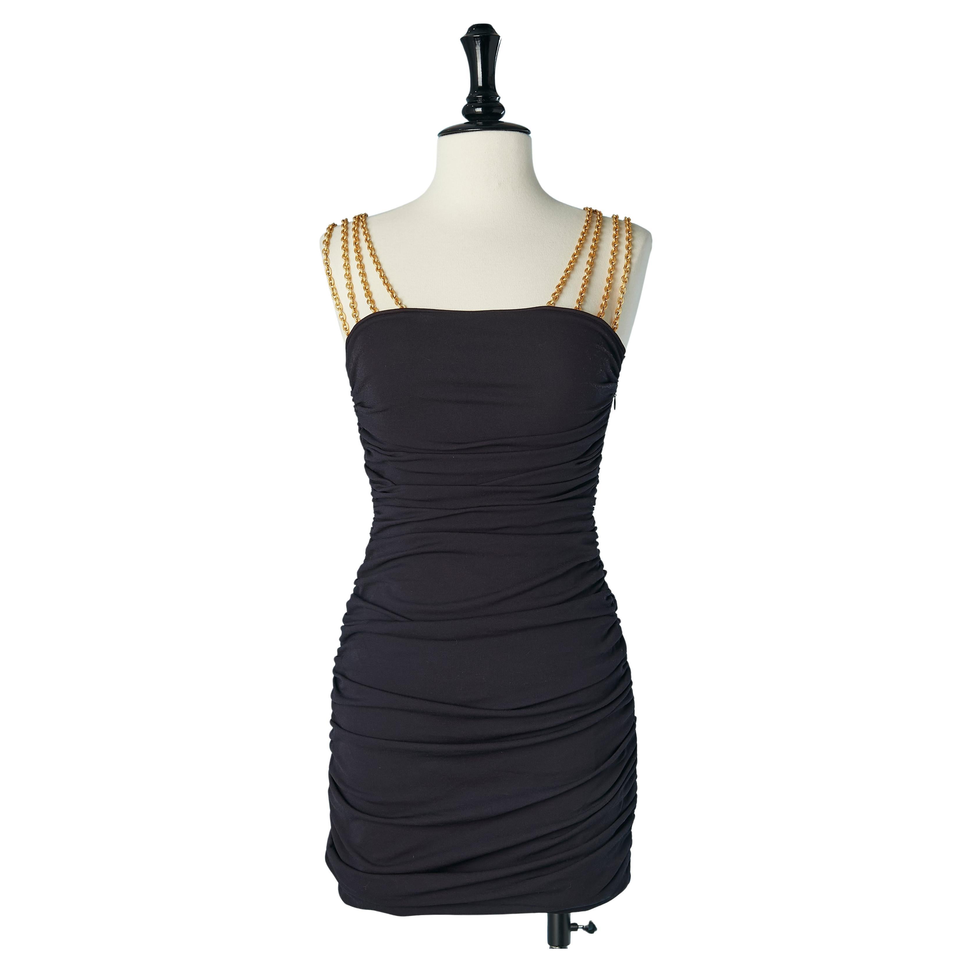 Robe de cocktail drapée noire avec strass en chaîne dorée ANGELO TARLAZZI en vente