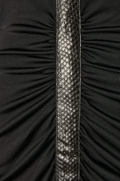 Black draped cocktail dress with leather details middle front Azzaro Paris