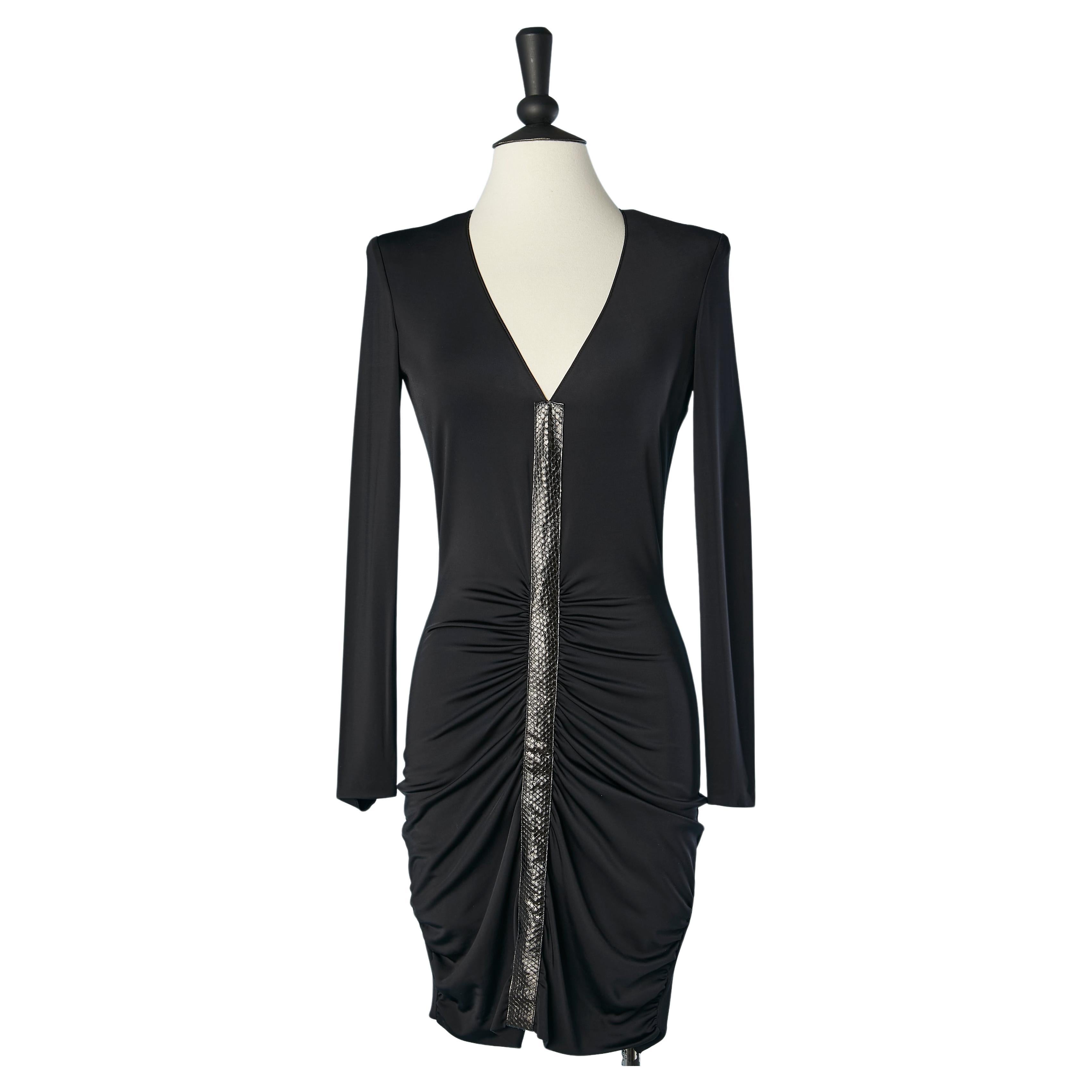 Black draped cocktail dress with leather details middle front Azzaro Paris  For Sale
