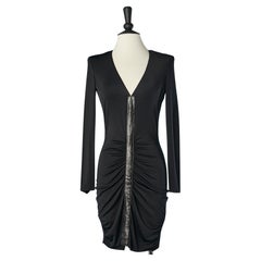 Black draped cocktail dress with leather details middle front Azzaro Paris 
