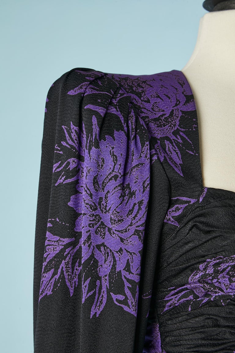 Black draped cocktail dress with purple flower jacquard Ungaro Parallle For Sale at 1stDibs Black draped cocktail dress with purple flower jacquard Ungaro Parallle For Sale at 1stDibs