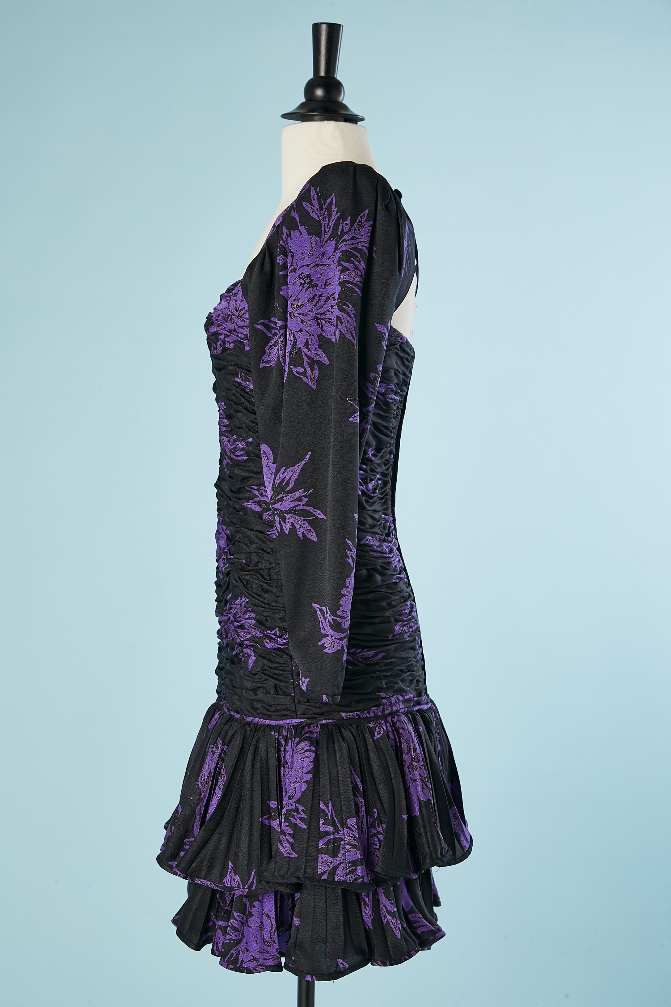  Black draped cocktail dress with purple flower jacquard Ungaro Parallèle  For Sale 1