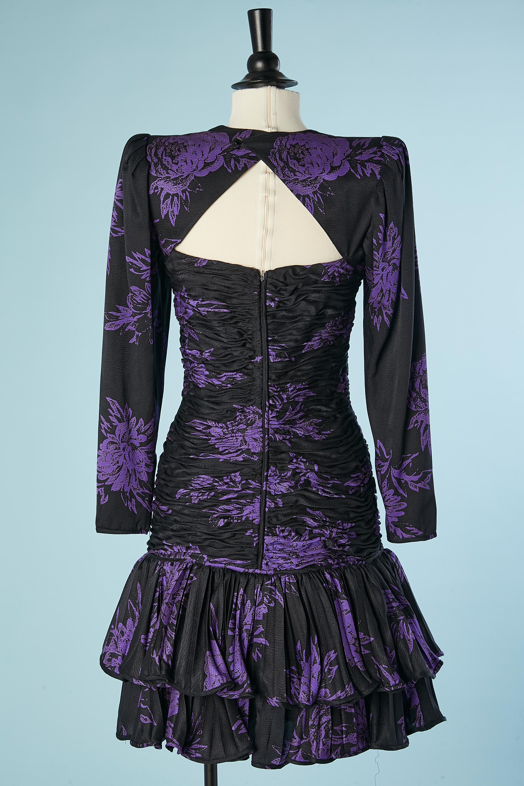  Black draped cocktail dress with purple flower jacquard Ungaro Parallèle  For Sale 2