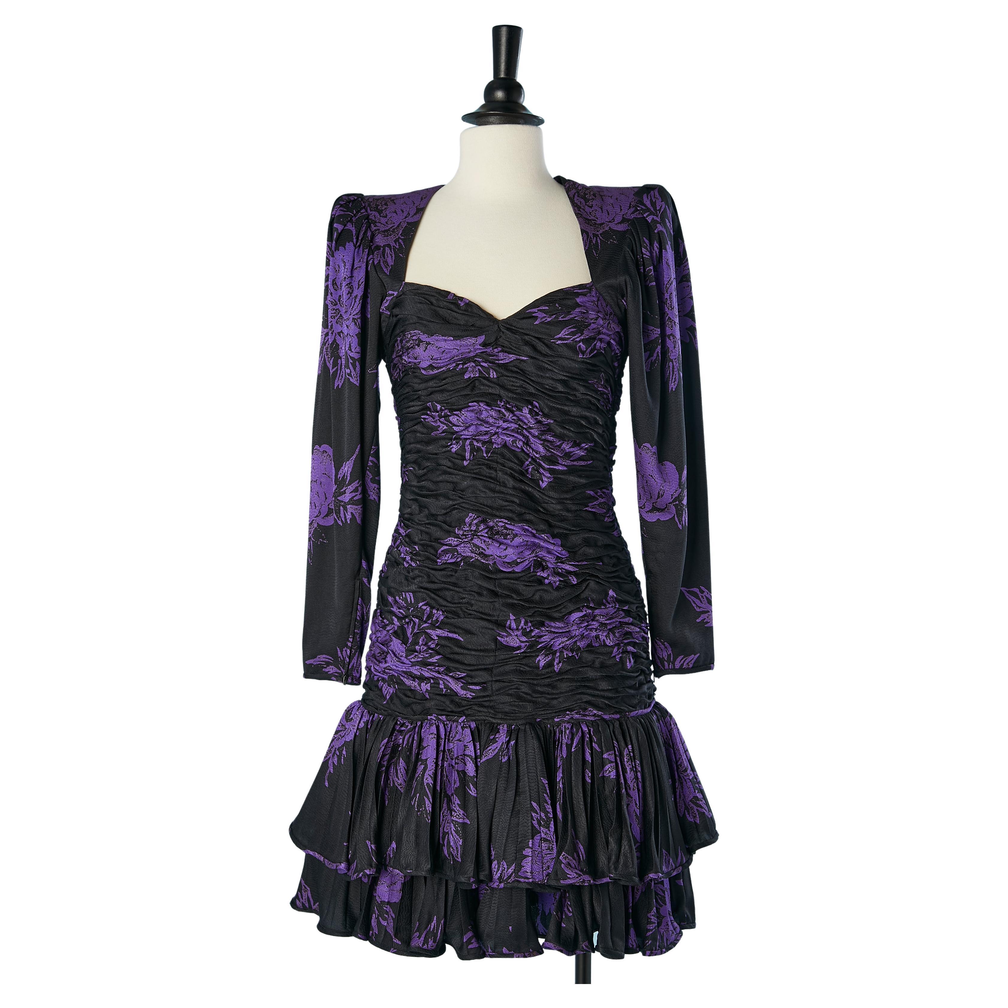  Black draped cocktail dress with purple flower jacquard Ungaro Parallèle  For Sale