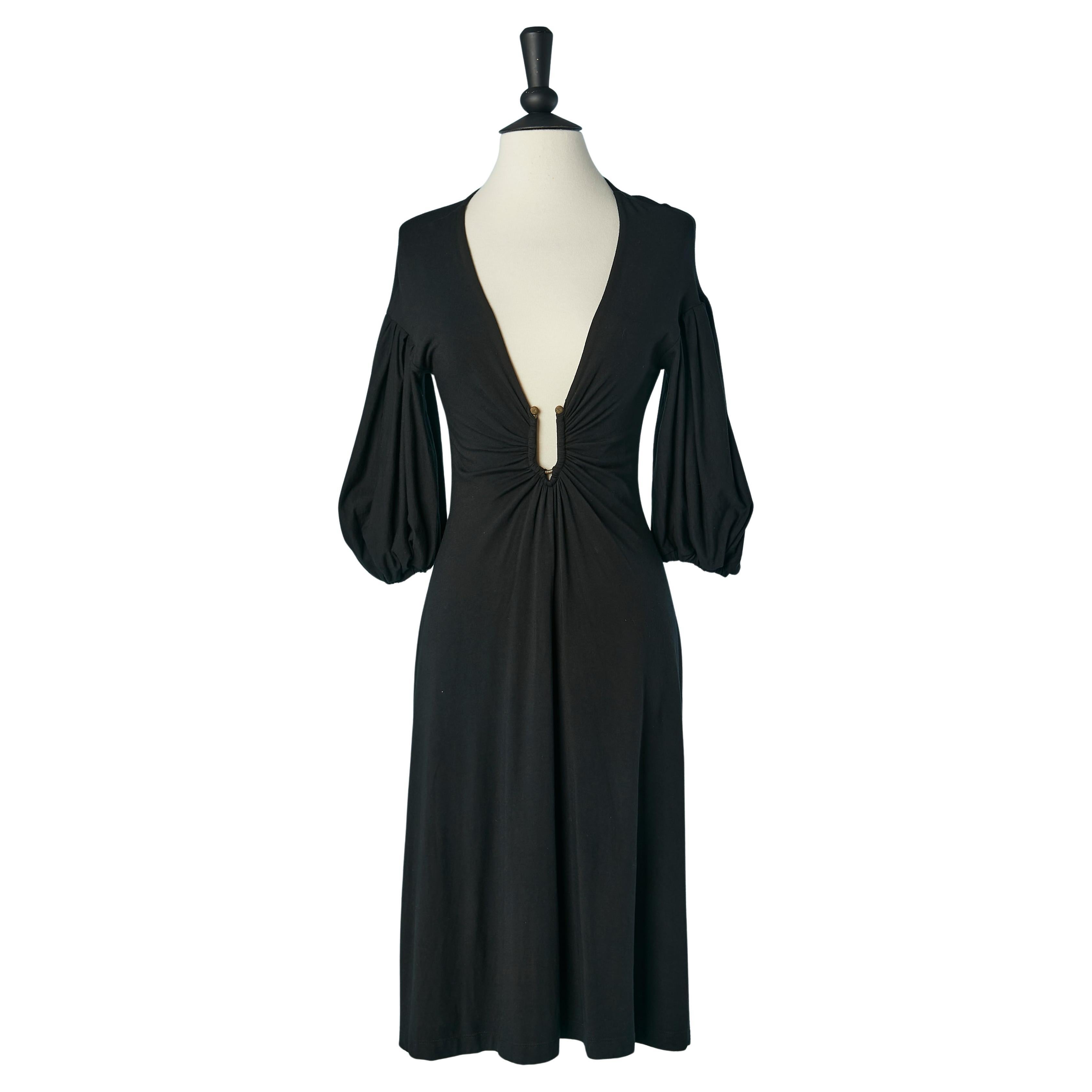 Black draped jersey cocktail dress with deep V neckline Just Cavalli For Sale