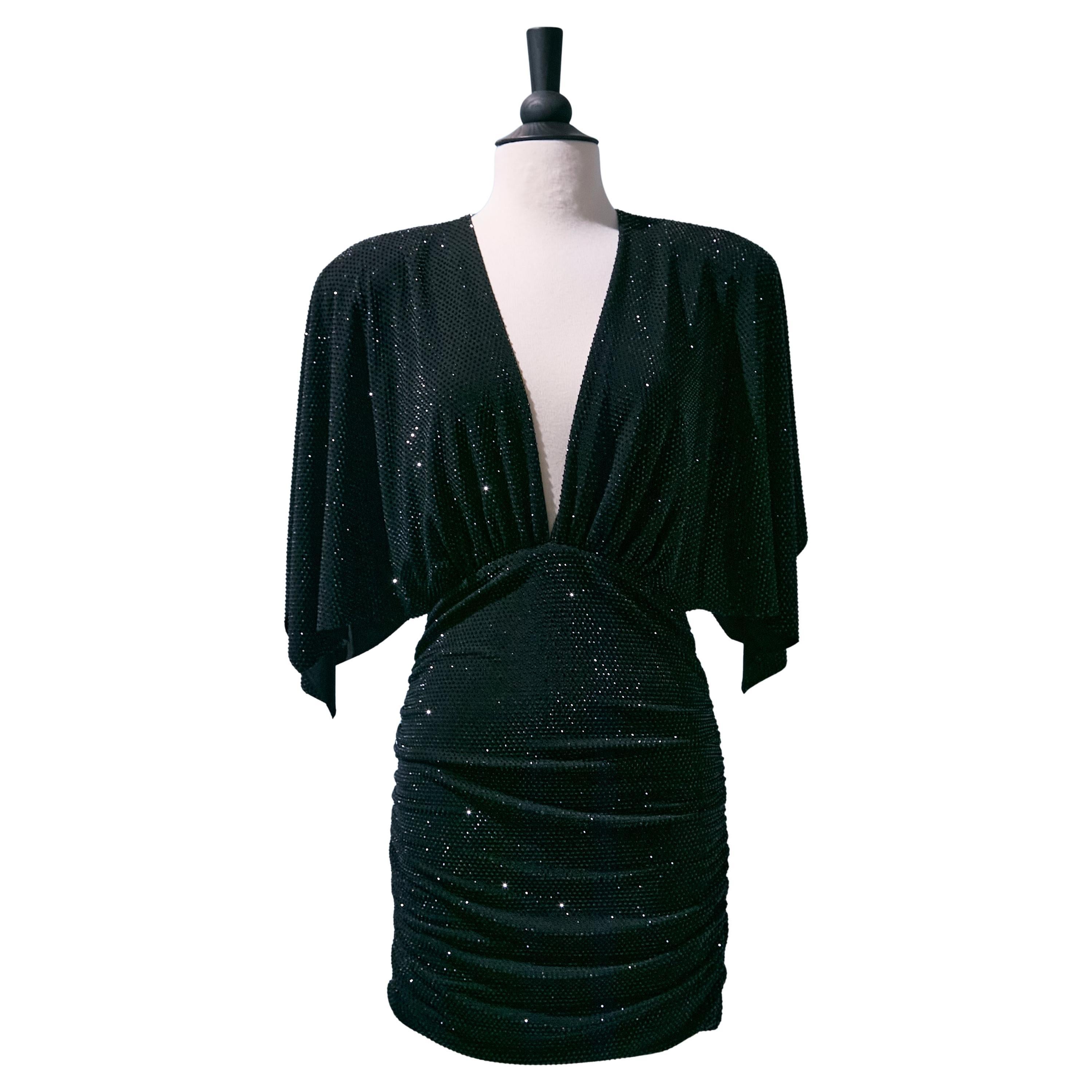 Black draped jersey evening dress with black rhinestone ALEXANDRE VAUTHIER