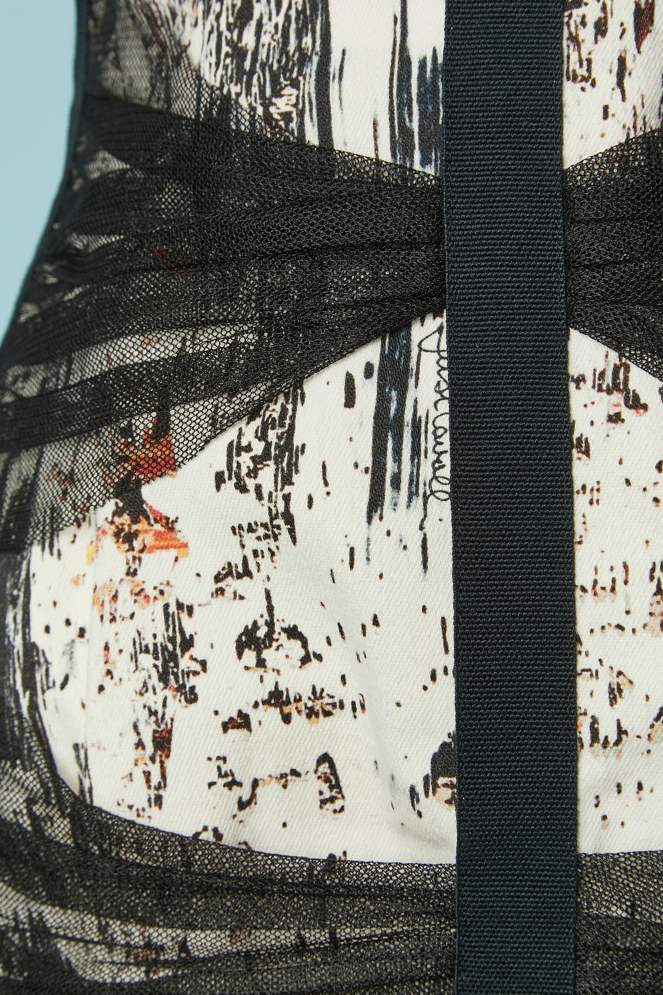 Black draped tulle and printed cotton cocktail dress Just Cavalli In Excellent Condition For Sale In Saint-Ouen-Sur-Seine, FR