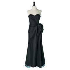 Black draped wool bustier evening dress with fabric flower ARMANI COLLEZIONI