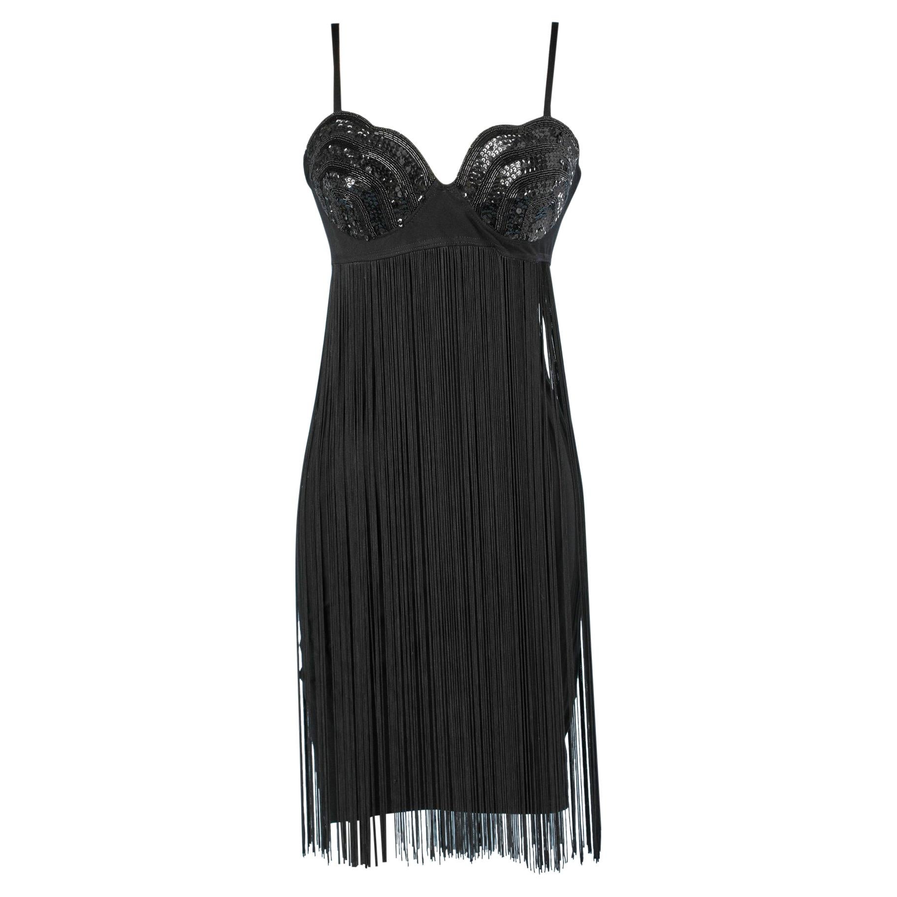 Black dress with sequins, beads  and fringes Douce France  For Sale