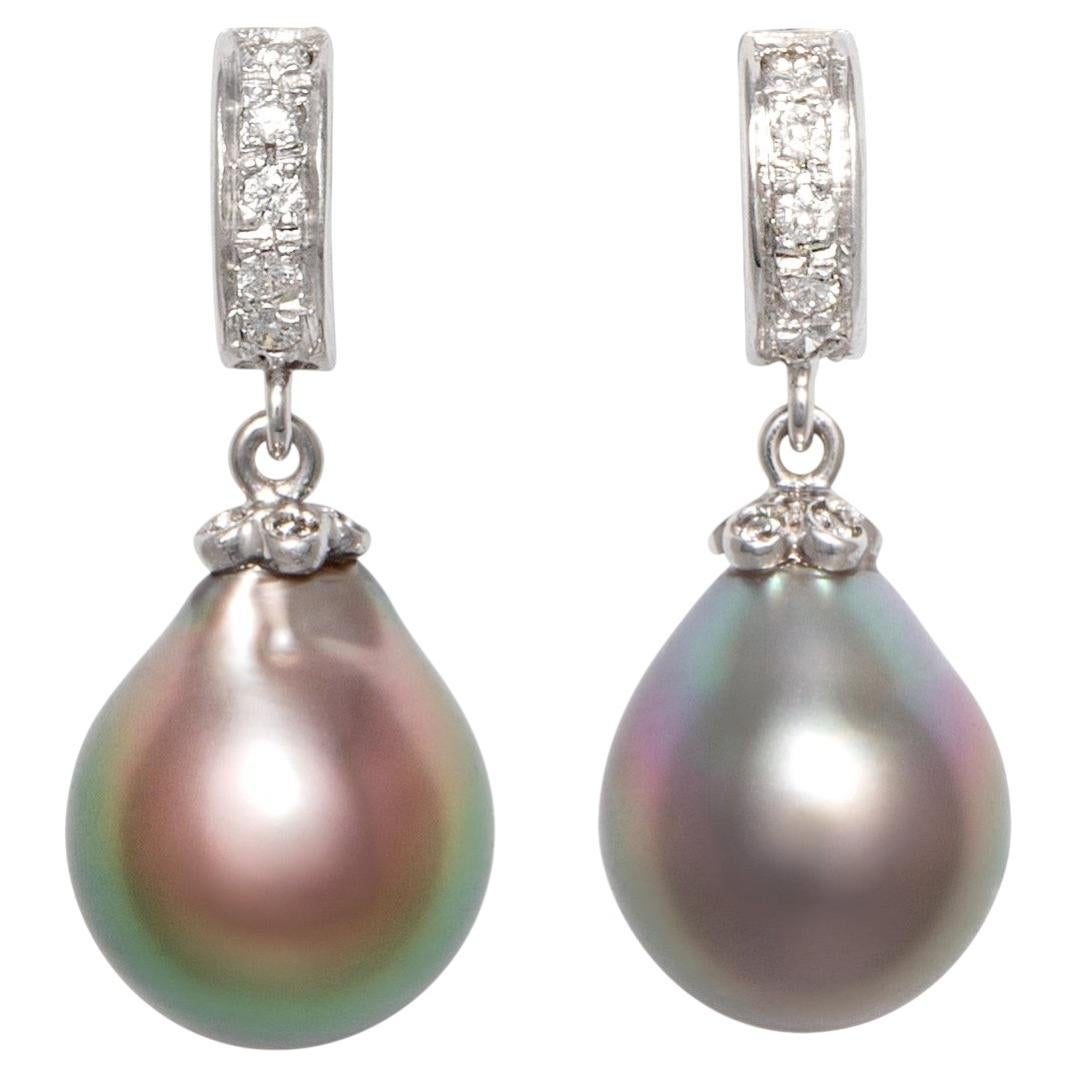 Black Drop Shape Pearl Earrings Diamond Hoop Design by Ella Gafter For Sale