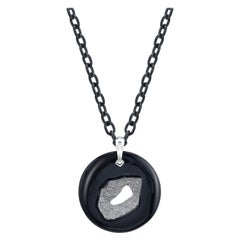 Black Druzy Quartz White Gold Pendant Necklace with Steel Link Chain