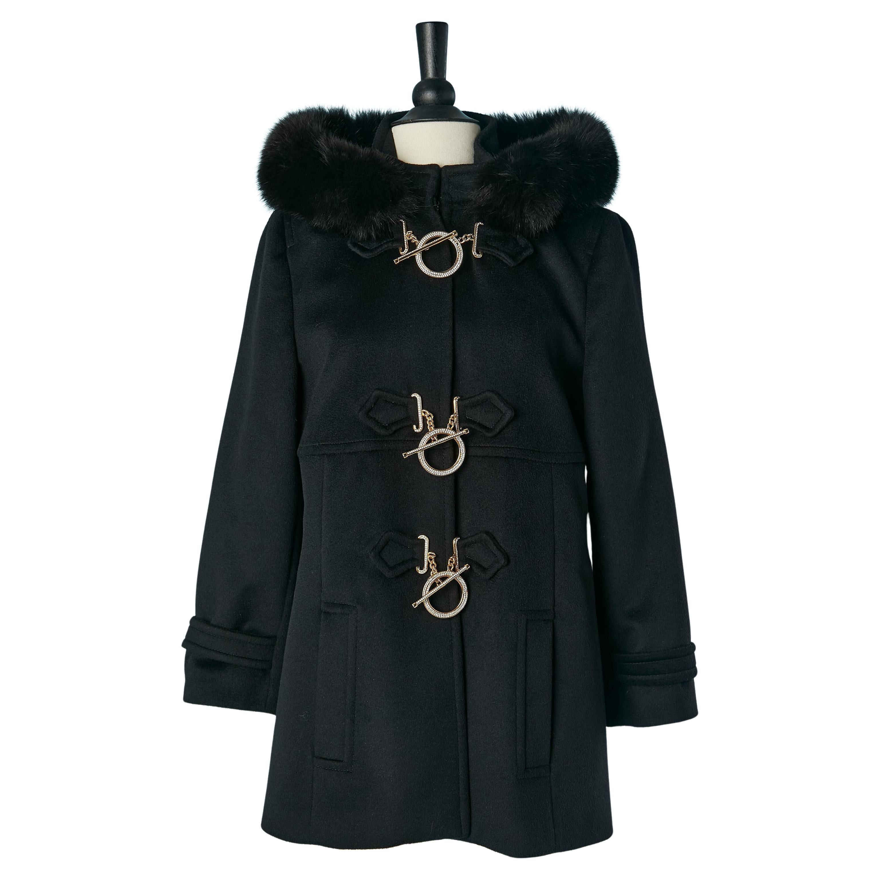 Black duffle-coat with hood with fur edge BLUMARINE For Sale