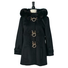 Saco de lana negro con capucha con borde de piel BLUMARINE