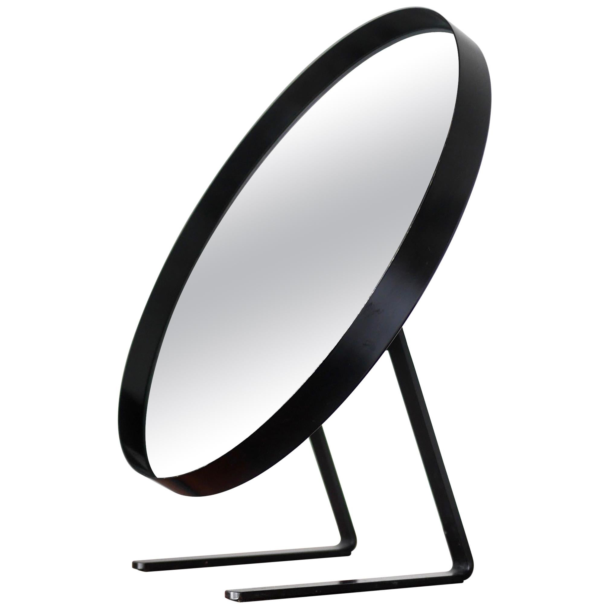 Black Durlston Circular Vanity Mirror, circa 1968 For Sale