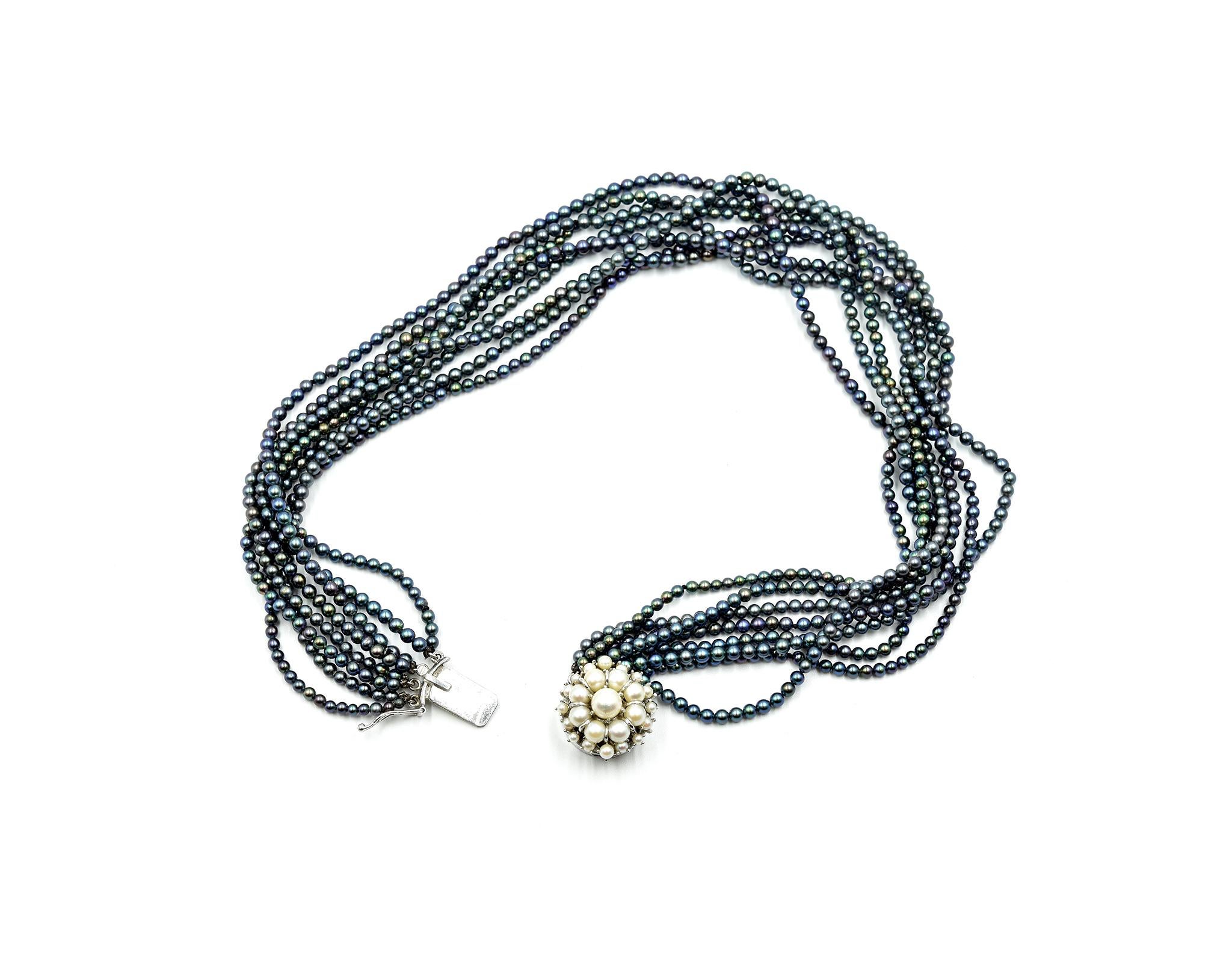 Black Dyed Pearl Strand Necklace with 14 Karat White Gold Pearl Accented Clasp In Excellent Condition In Scottsdale, AZ