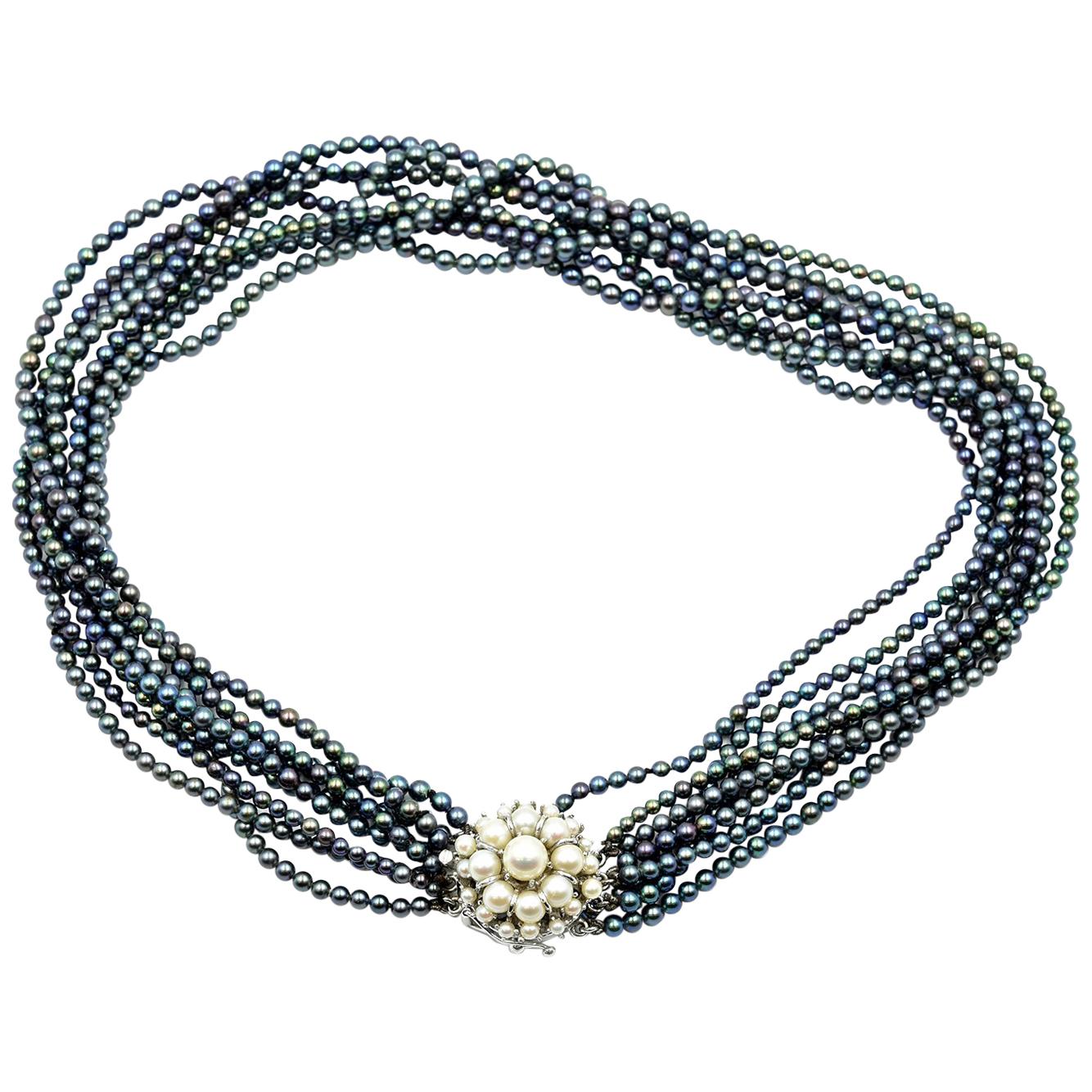 Black Dyed Pearl Strand Necklace with 14 Karat White Gold Pearl Accented Clasp