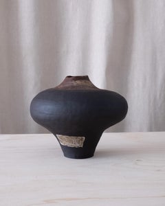 Handcrafted Black Ceramic Vase with Unique Textured Patch, Modern Rustic Design