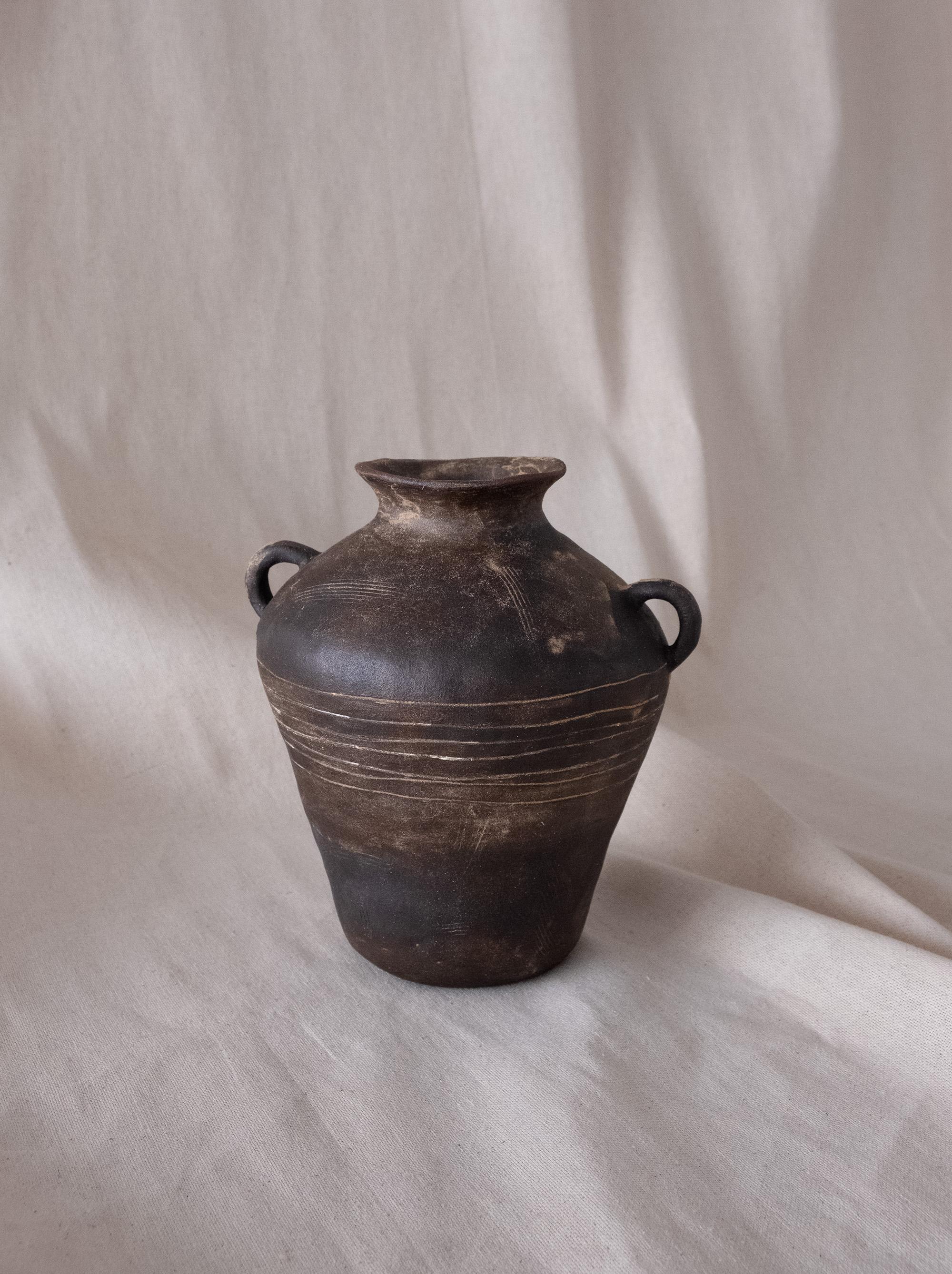 Folk Art Rustic Black Ceramic Vase with Handles for Home Decor, Wild Clay Finish For Sale