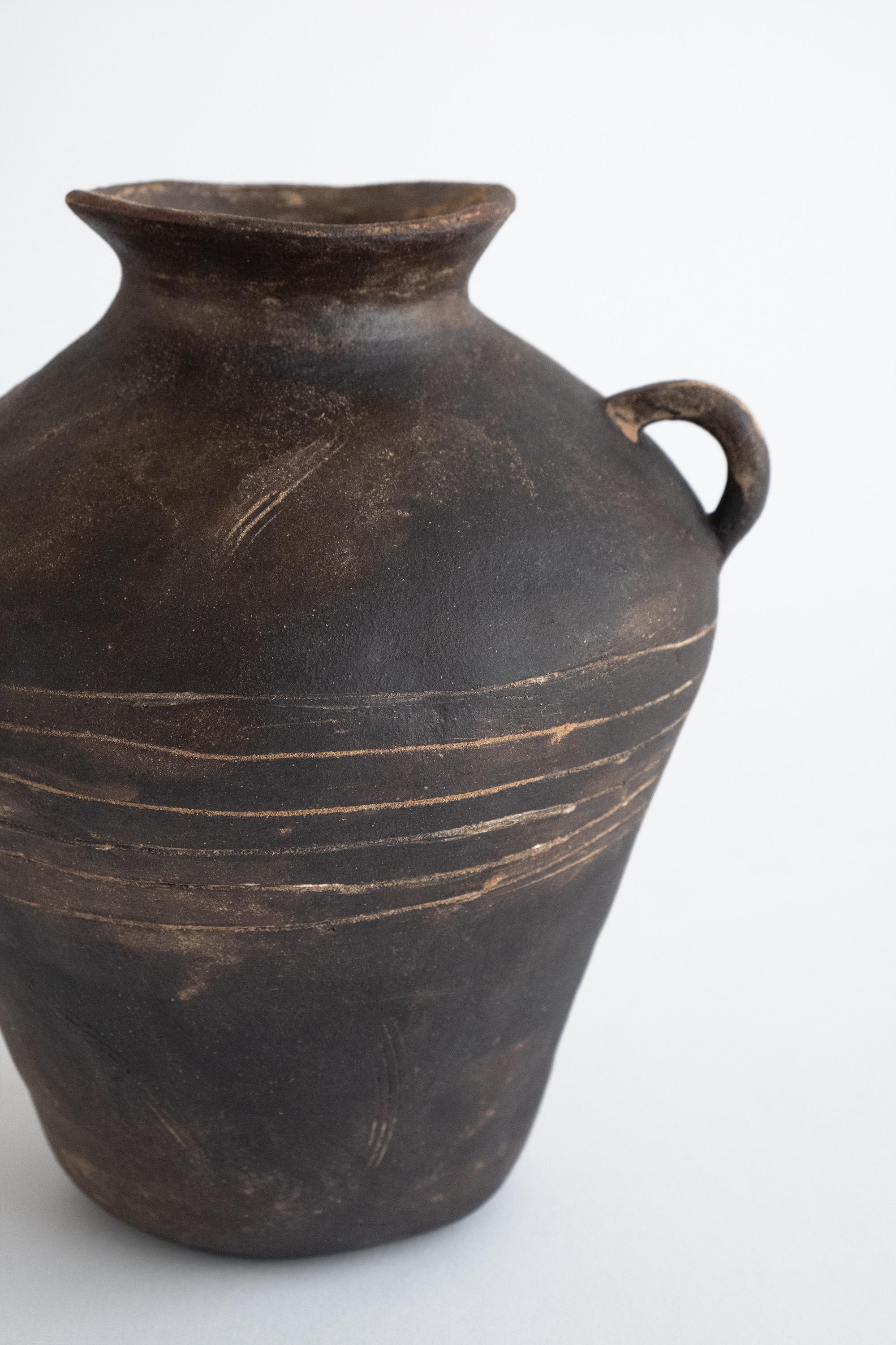 American Rustic Black Ceramic Vase with Handles for Home Decor, Wild Clay Finish For Sale