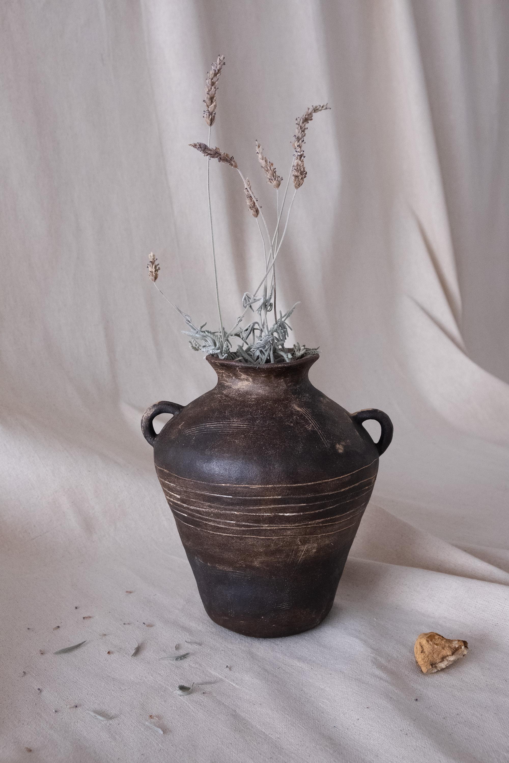 Hand-Crafted Rustic Black Ceramic Vase with Handles for Home Decor, Wild Clay Finish For Sale