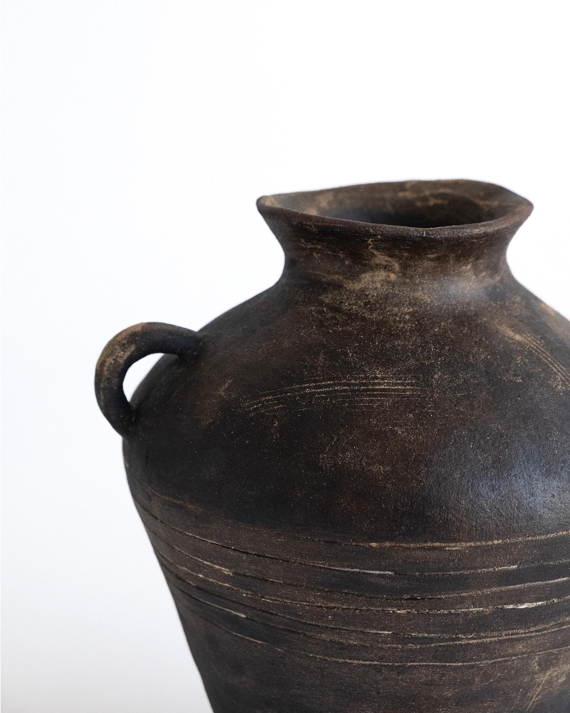 Rustic Black Ceramic Vase with Handles for Home Decor, Wild Clay Finish In New Condition For Sale In Los Angeles, CA
