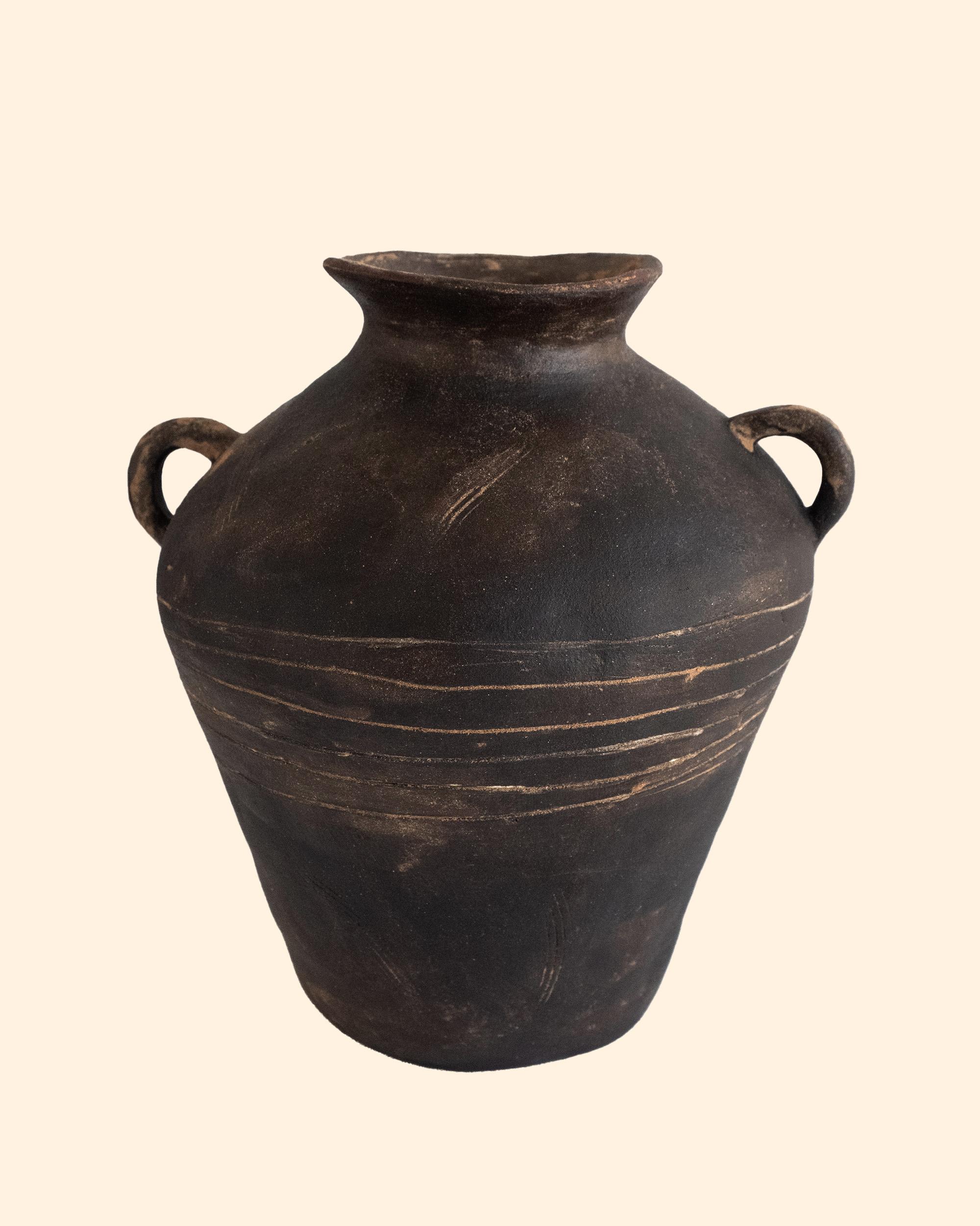 Contemporary Rustic Black Ceramic Vase with Handles for Home Decor, Wild Clay Finish For Sale
