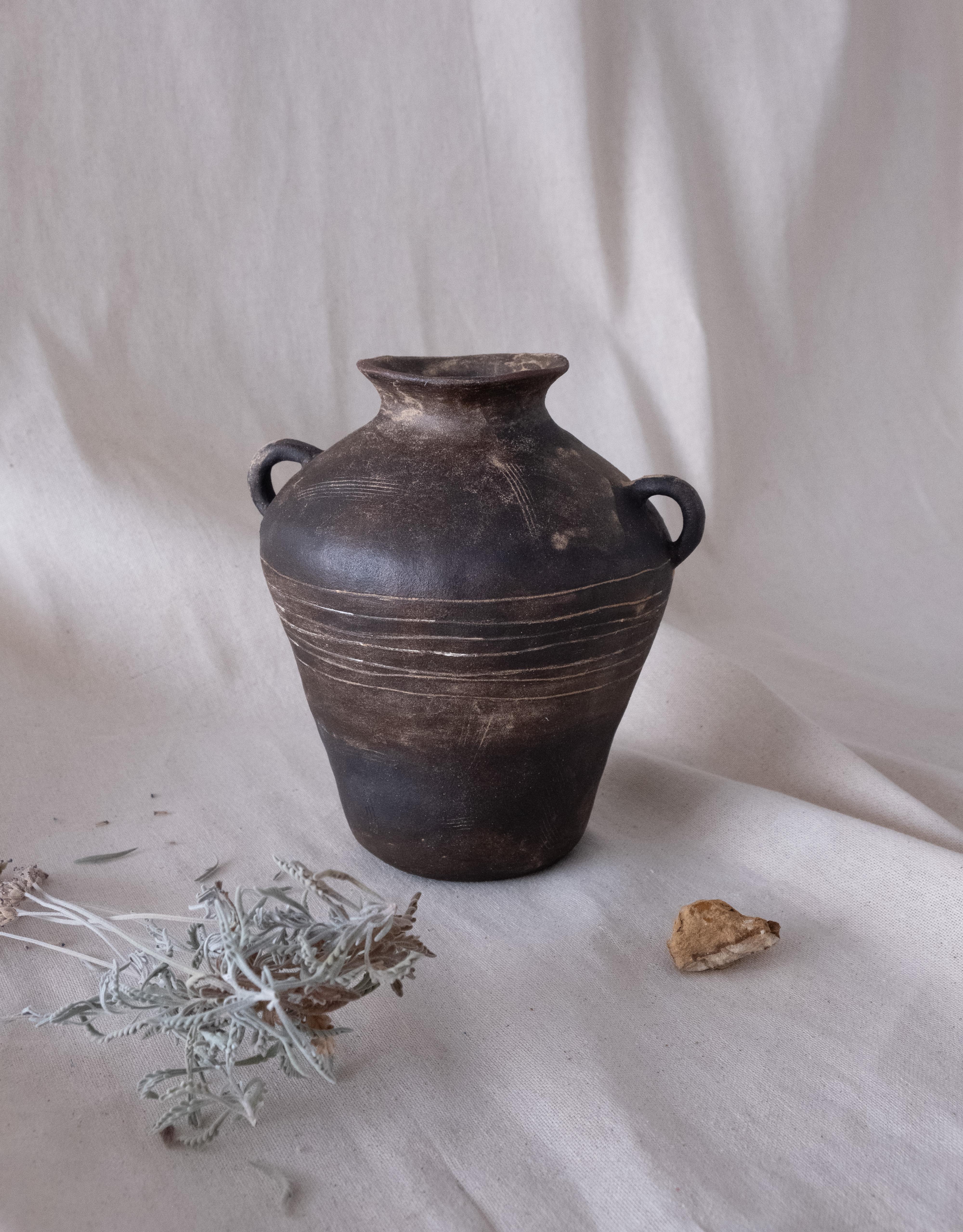 Rustic Black Ceramic Vase with Handles for Home Decor, Wild Clay Finish For Sale 1