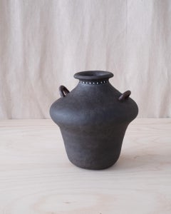 Handcrafted Black Ceramic Vase with Dual Handles, Minimalist White Dot Detailing
