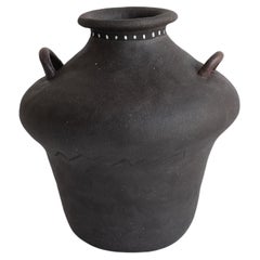 Handcrafted Black Ceramic Vase with Dual Handles, Minimalist White Dot Detailing