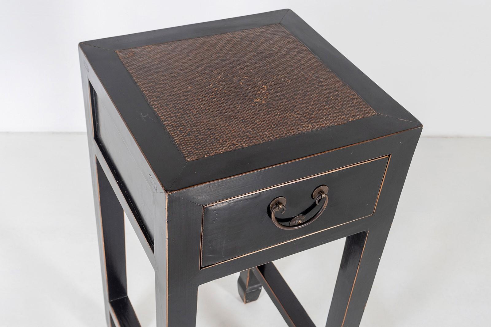 Chinese Export Black Ebonised Lacquered Chinese Side Table with Cane Top and Single Drawer For Sale