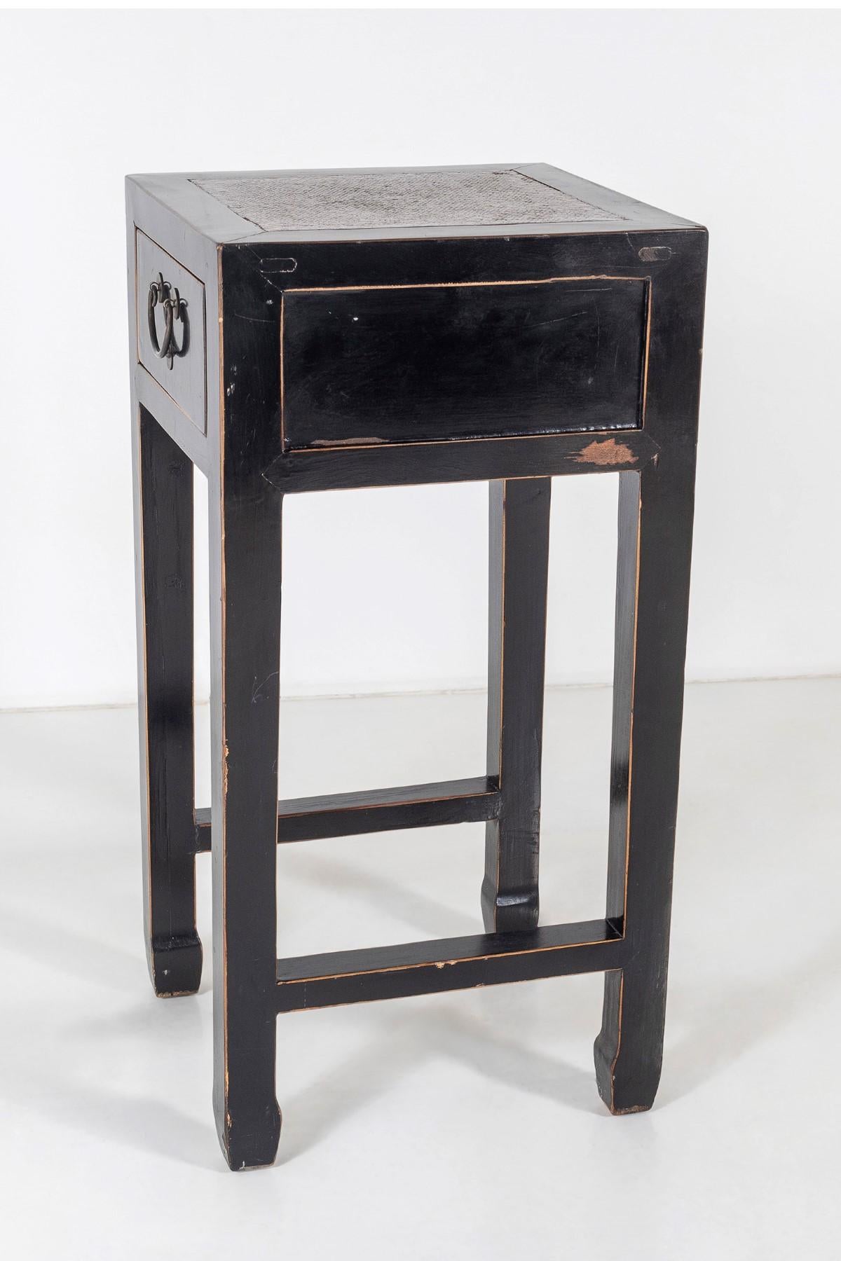Ebonized Black Ebonised Lacquered Chinese Side Table with Cane Top and Single Drawer For Sale