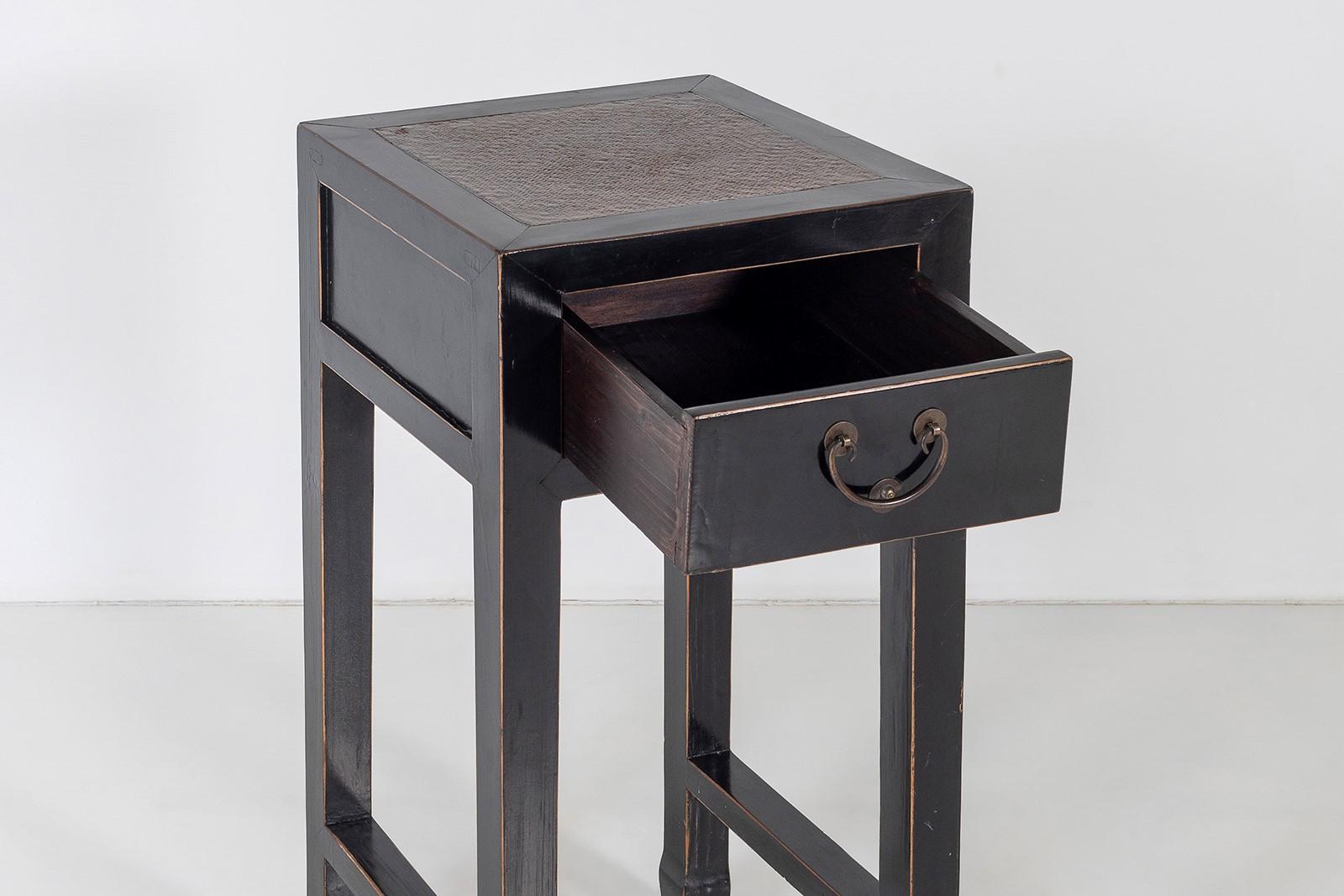 20th Century Black Ebonised Lacquered Chinese Side Table with Cane Top and Single Drawer For Sale