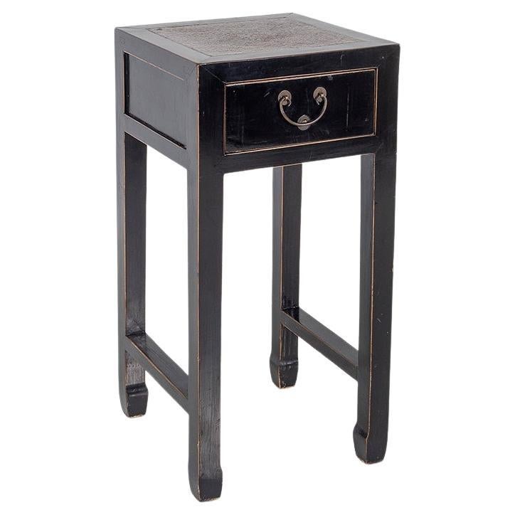 Black Ebonised Lacquered Chinese Side Table with Cane Top and Single Drawer For Sale
