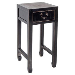 Black Ebonised Lacquered Chinese Side Table with Cane Top and Single Drawer