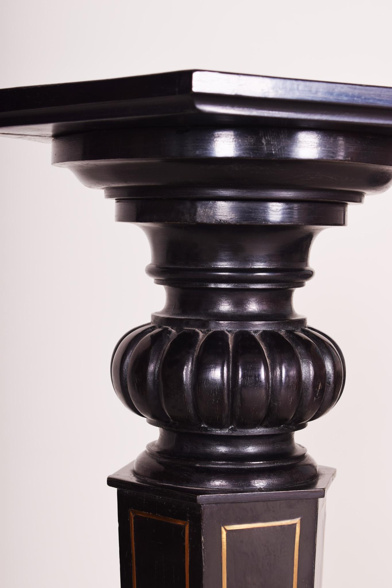 Art Deco Black Ebonized Empire Pedestal, Original Preserved Condition, Brass Marquetry
