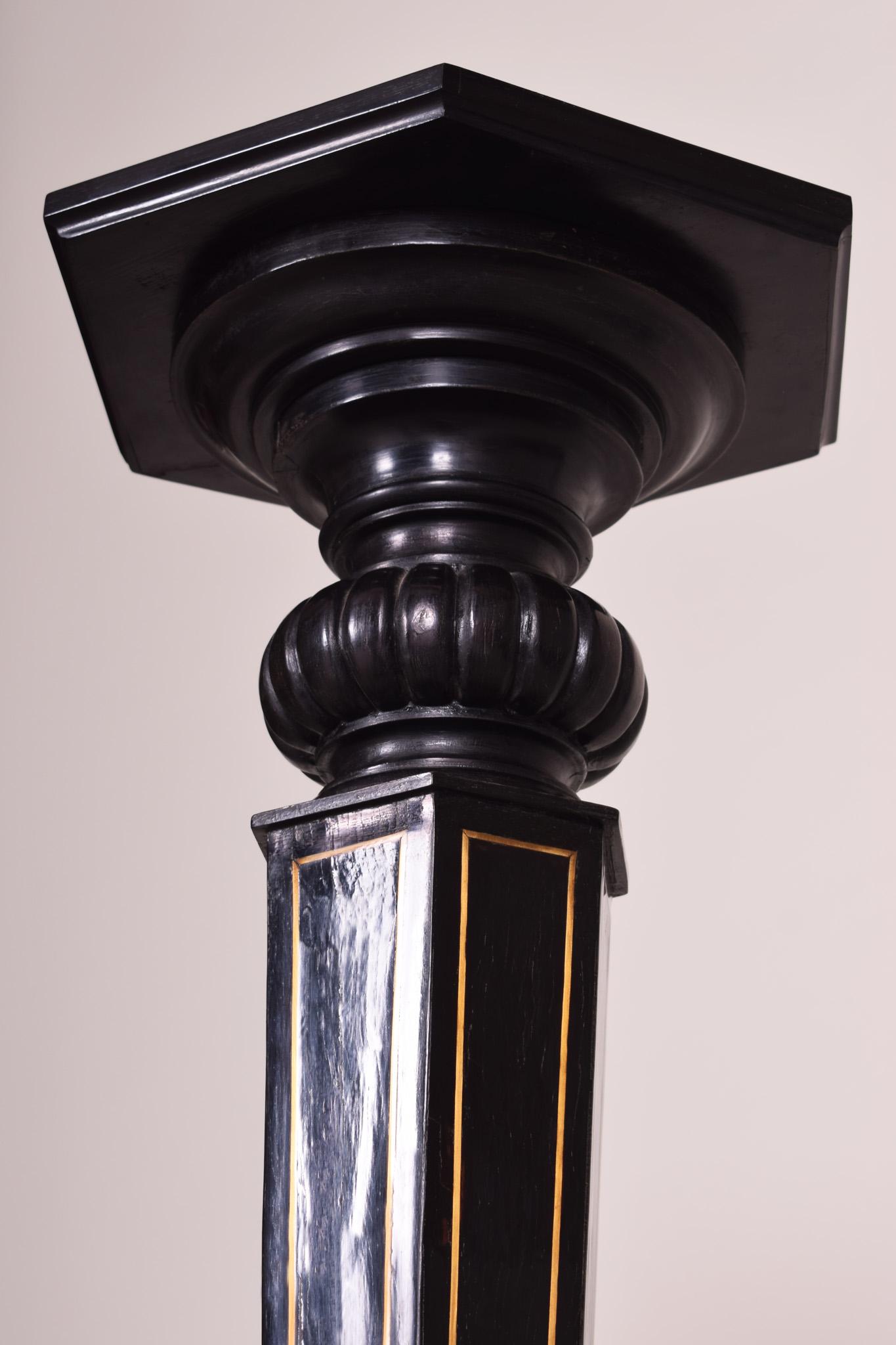 Early 20th Century Black Ebonized Empire Pedestal, Original Preserved Condition, Brass Marquetry