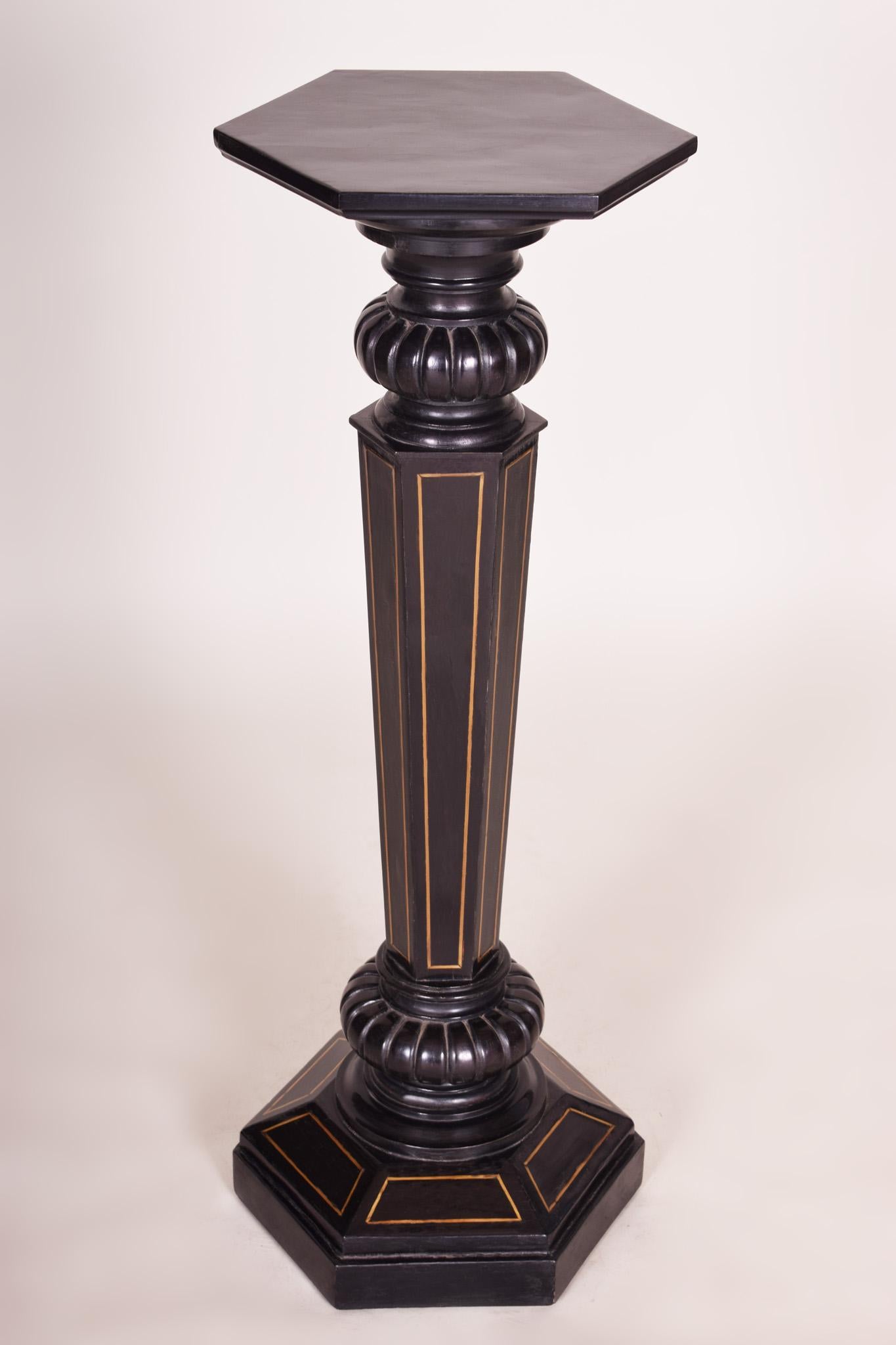 Wood Black Ebonized Empire Pedestal, Original Preserved Condition, Brass Marquetry