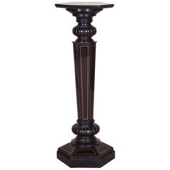 Black Ebonized Empire Pedestal, Original Preserved Condition, Brass Marquetry