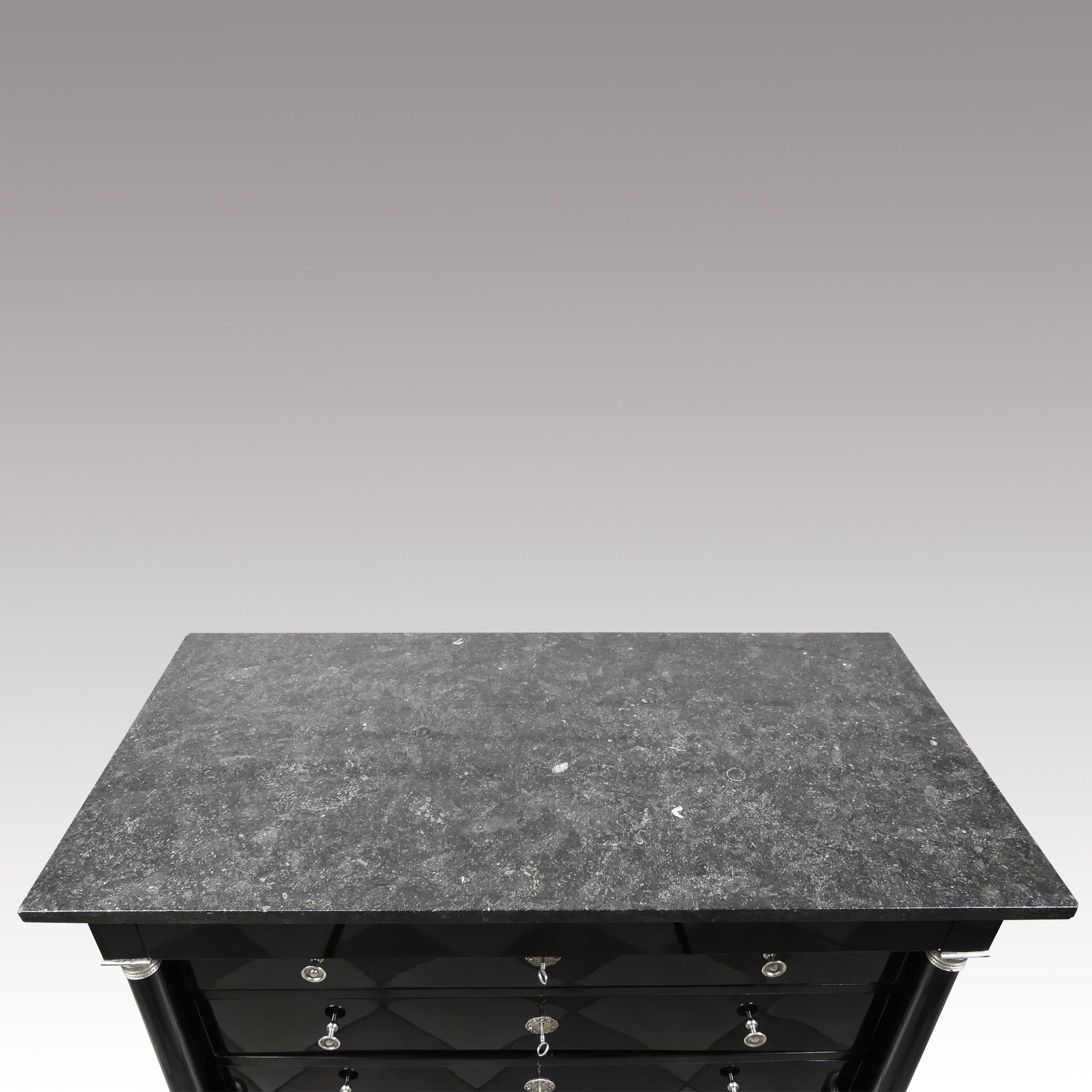 Black Ebonized French Empire Chest of Drawers Silver-Plated Fitting, Marble Top 7