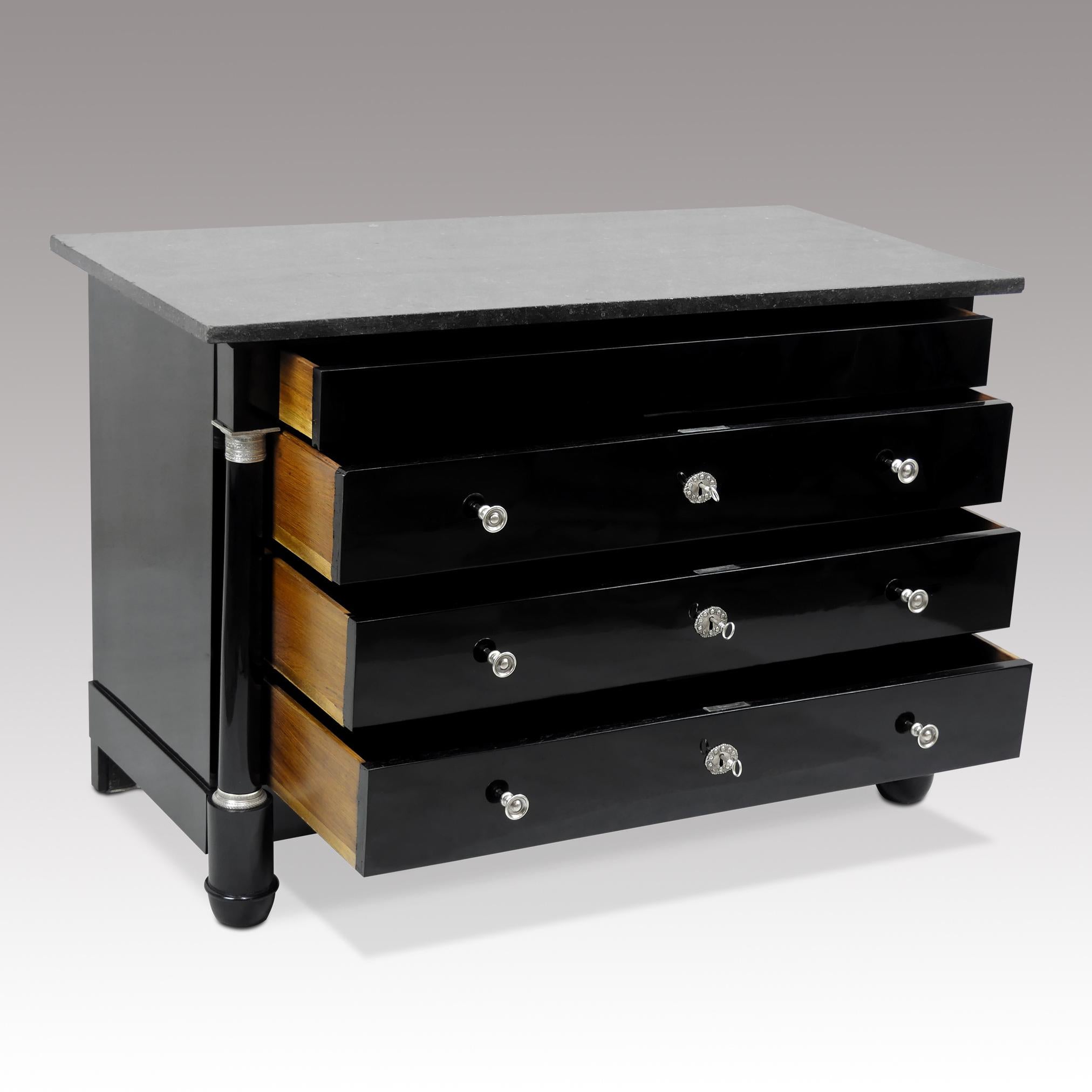 Black Ebonized French Empire Chest of Drawers Silver-Plated Fitting, Marble Top In Good Condition In Vienna, AT