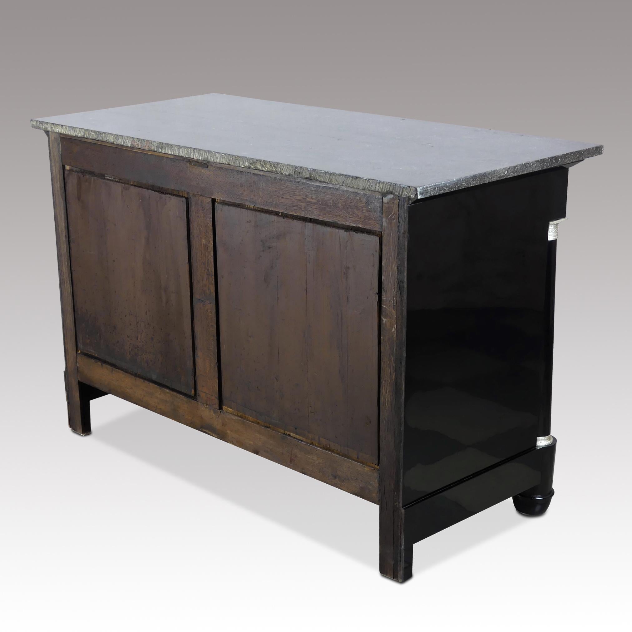 Mid-19th Century Black Ebonized French Empire Chest of Drawers Silver-Plated Fitting, Marble Top