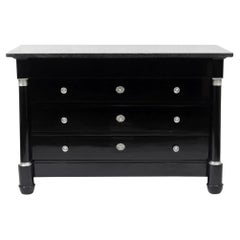 Black Ebonized French Empire Chest of Drawers Silver-Plated Fitting, Marble Top