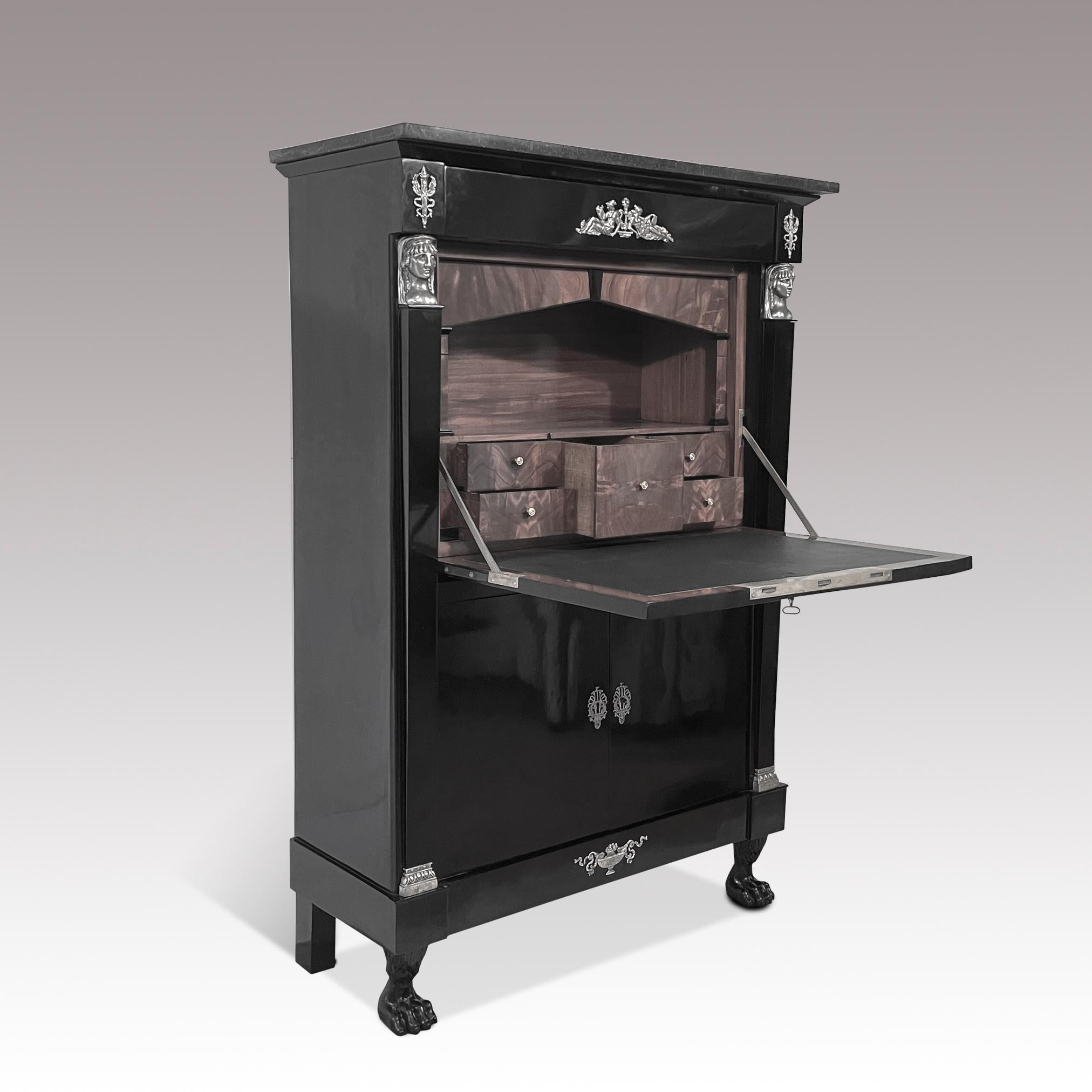 Mid-19th Century Black Ebonized French Empire Secretary with Silver-Plated Fitting and Marble Top