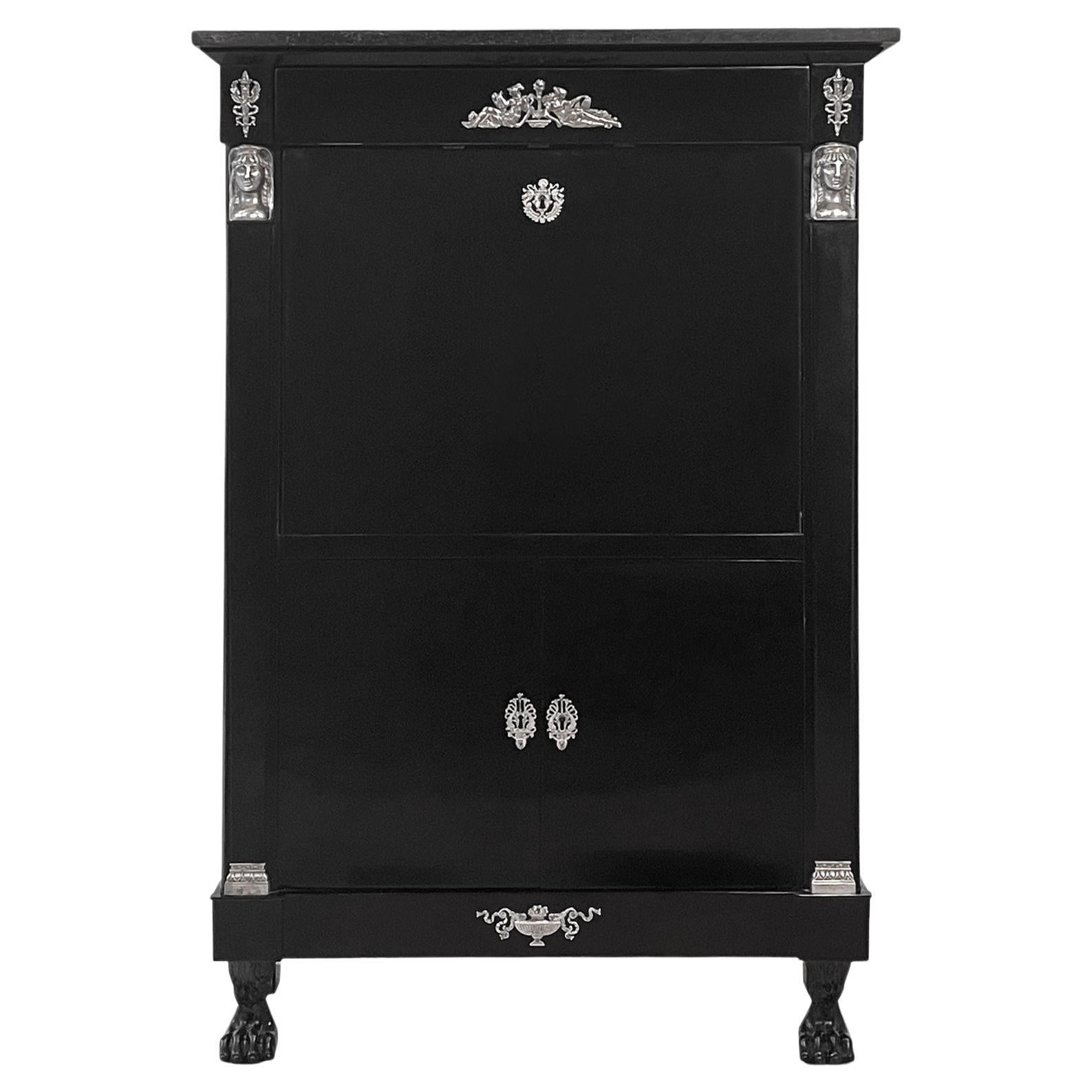 Black Ebonized French Empire Secretary with Silver-Plated Fitting and Marble Top