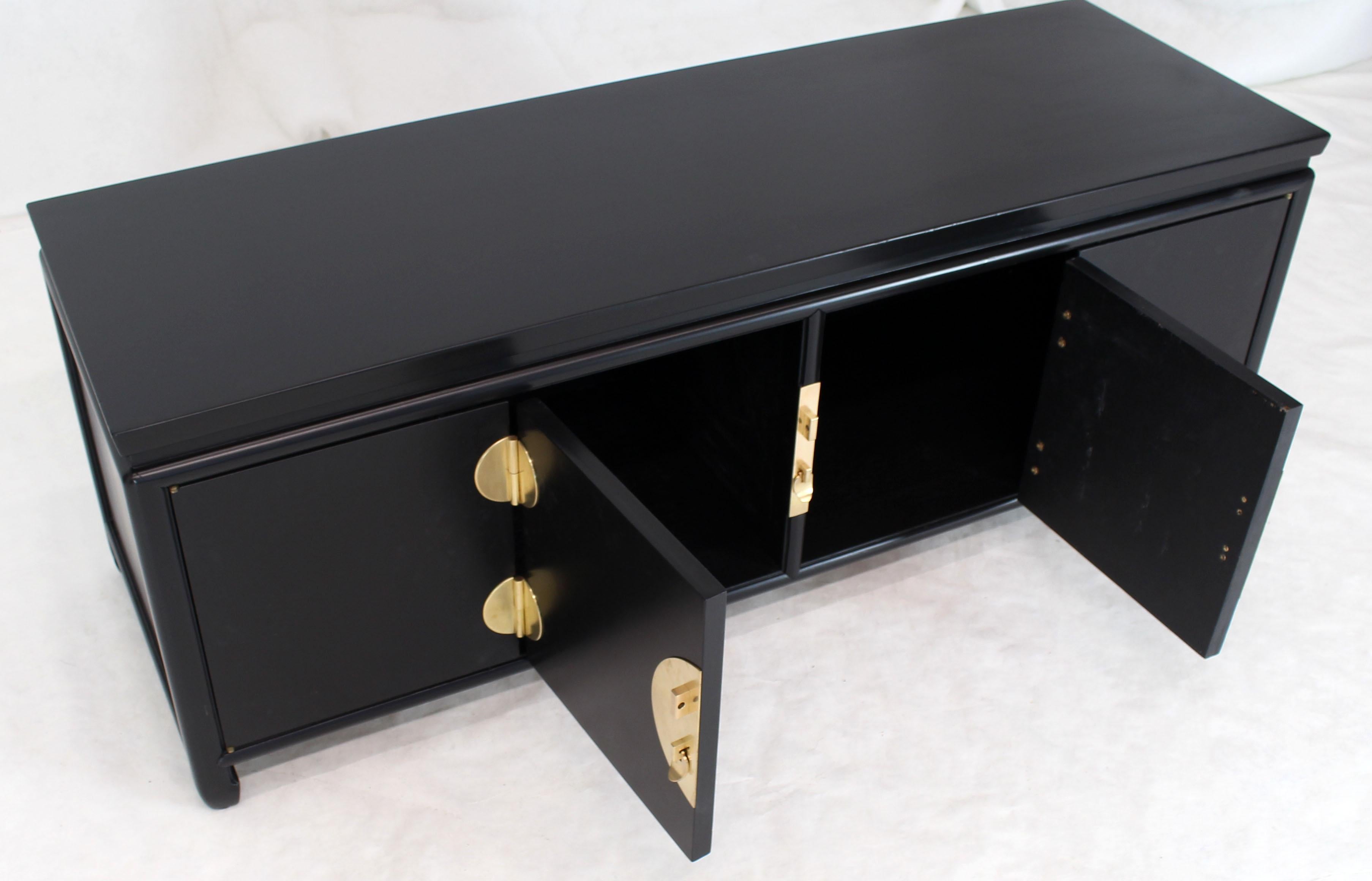 Black Ebonized Low Petite Small Credenza Stand with Solid Brass Hardware Pulls For Sale 2