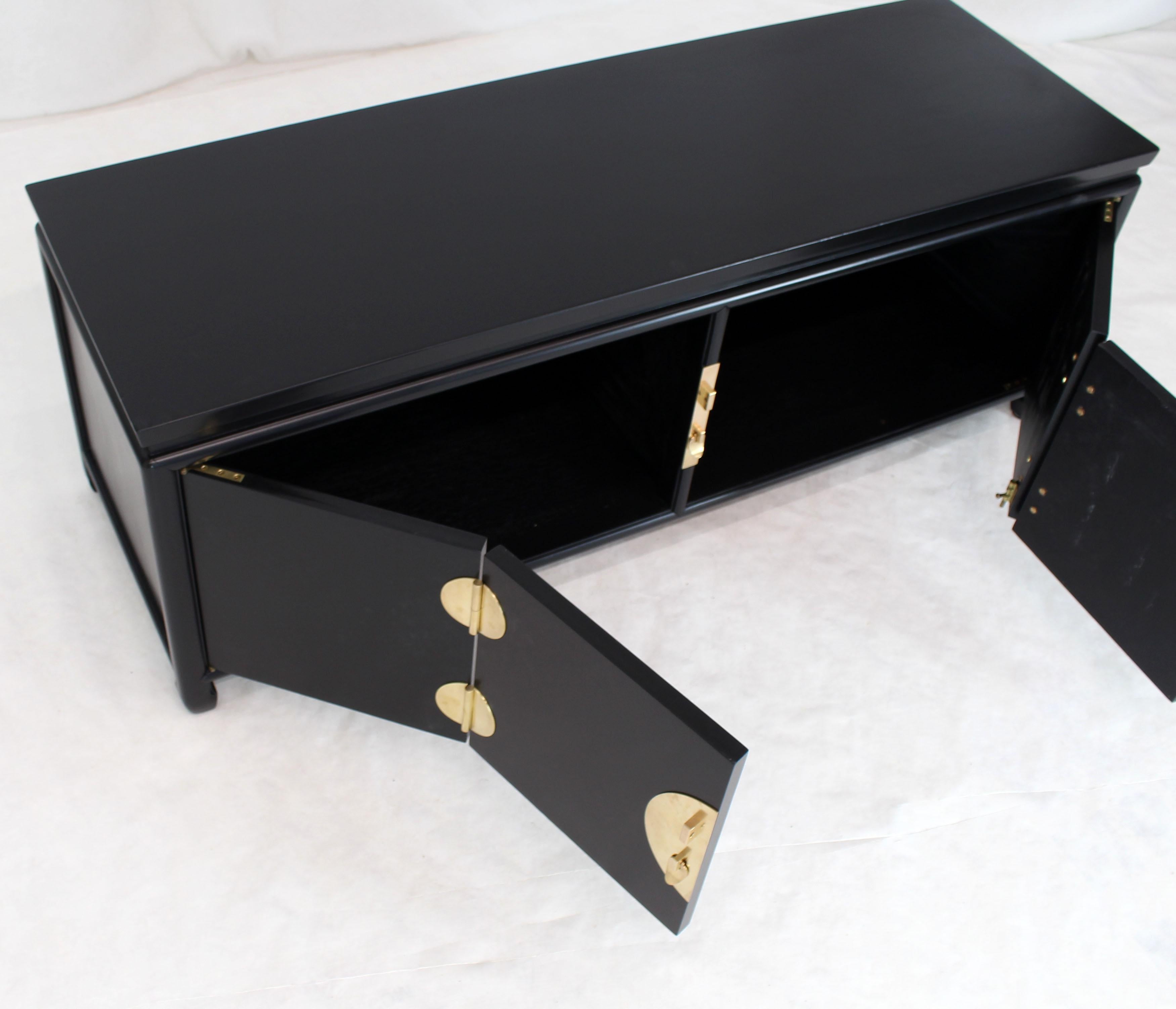 Black Ebonized Low Petite Small Credenza Stand with Solid Brass Hardware Pulls For Sale 3