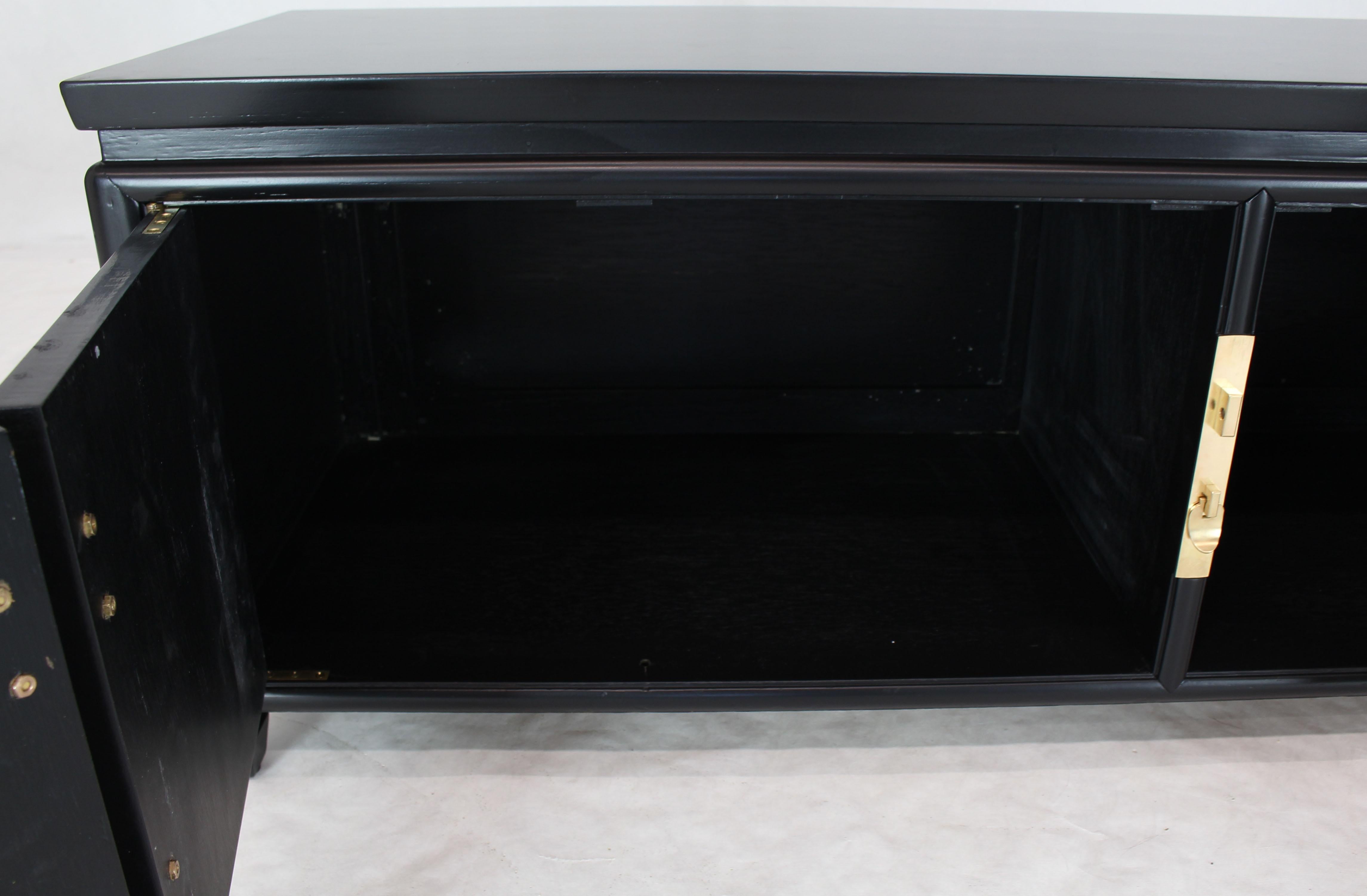 Black Ebonized Low Petite Small Credenza Stand with Solid Brass Hardware Pulls For Sale 4