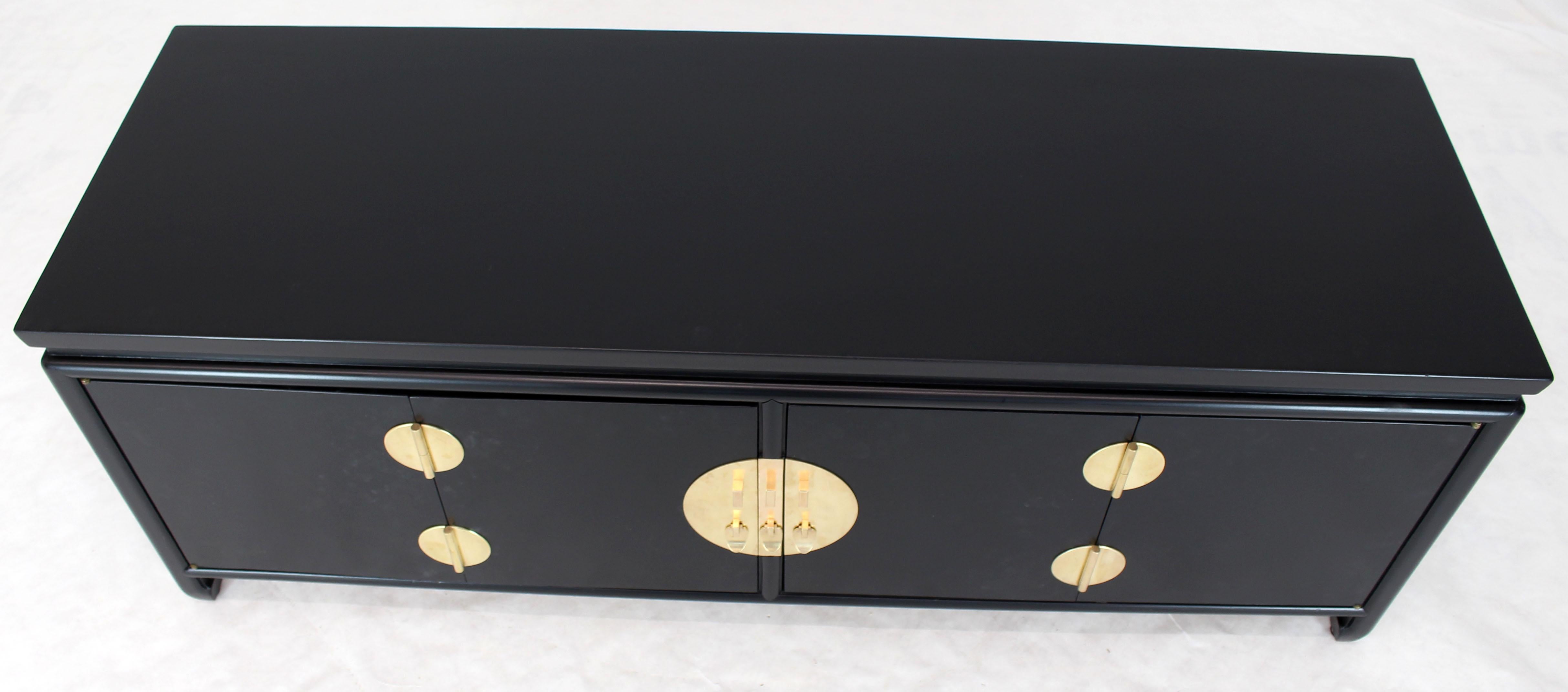 Black Ebonized Low Petite Small Credenza Stand with Solid Brass Hardware Pulls For Sale 5